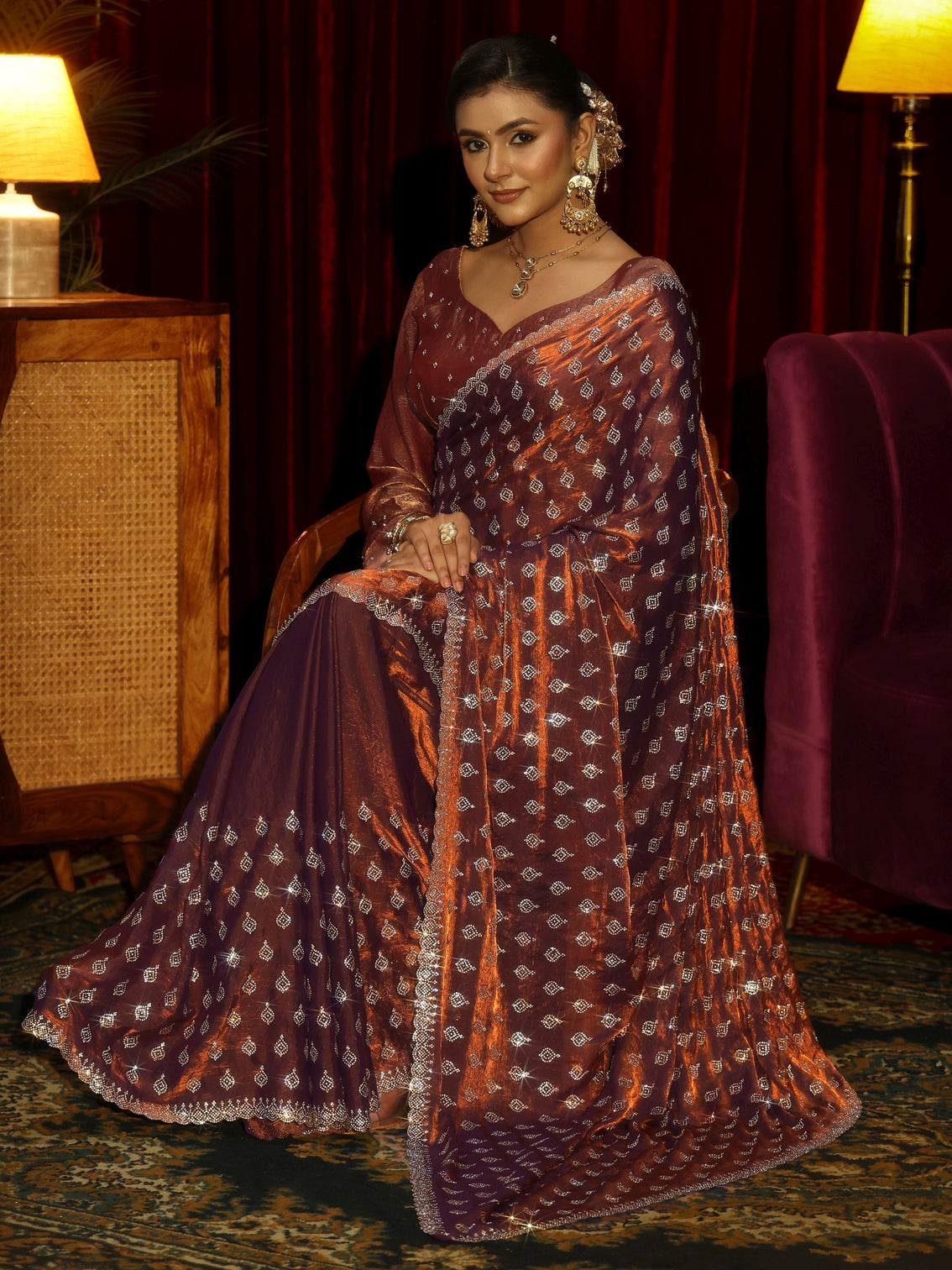 Mameraa Art Chocolate Brown Embellished Tissue Saree