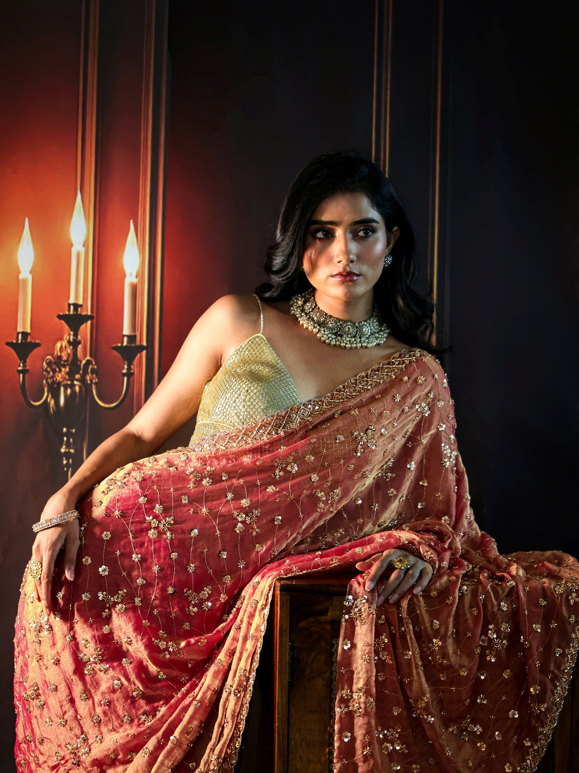 Mameraa Art Coral Pink Embellished Tissue Saree
