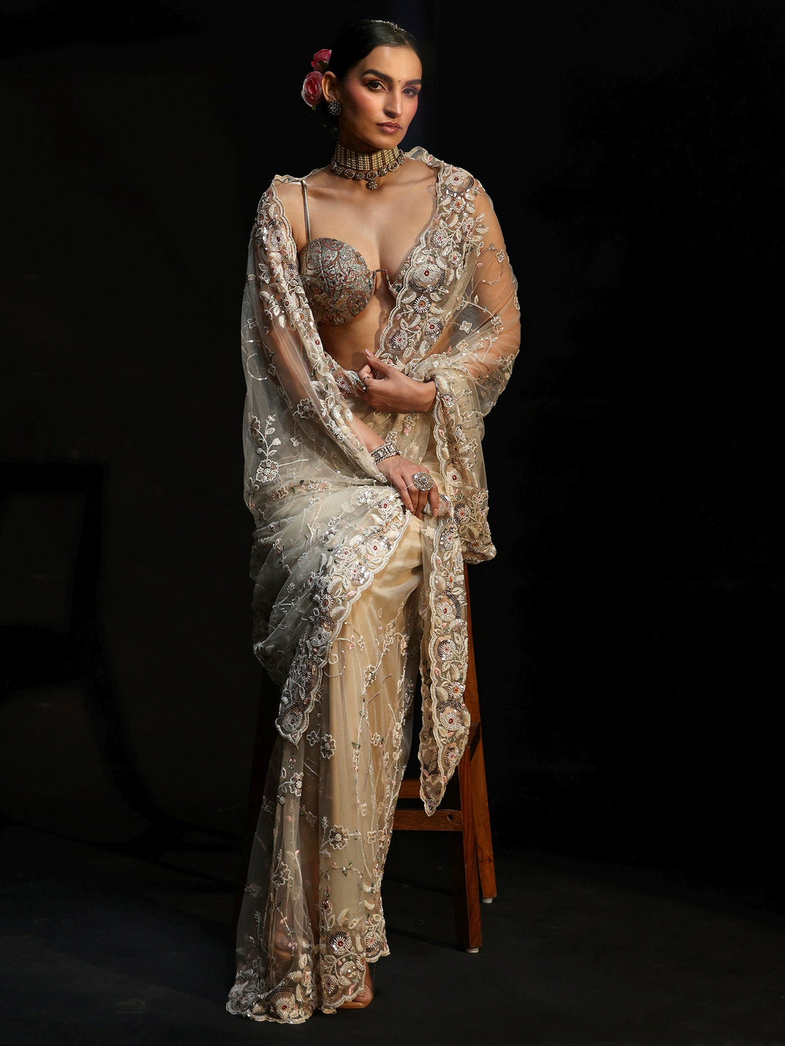 Mameraa Art Cream Bead and Sequin Embellished Floral Net Saree