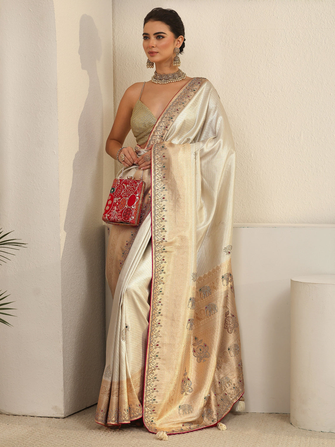 Mameraa Art Cream Embellished Silk Blend Tassel Saree