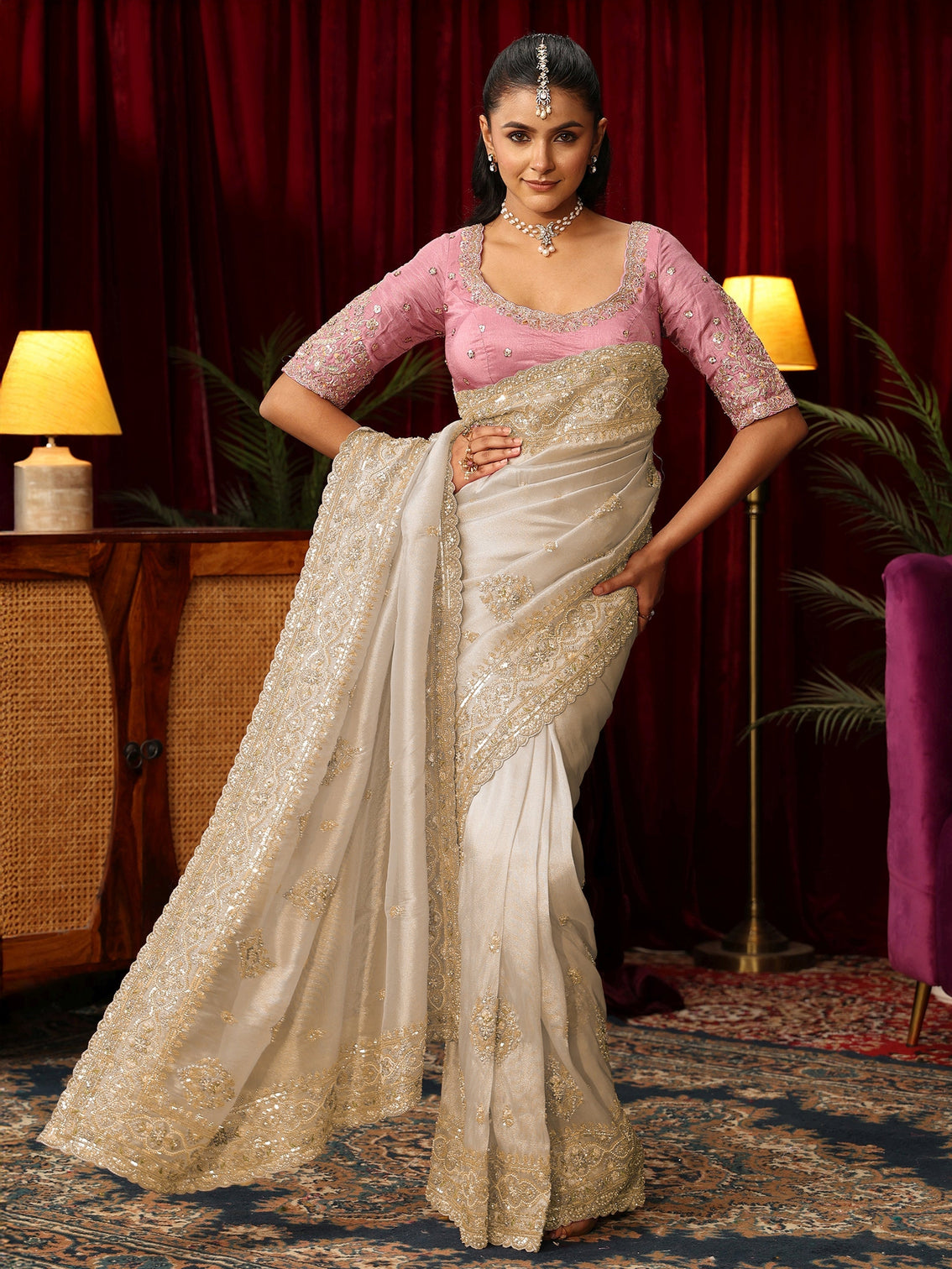 Mameraa Art Cream Floral Bead and Sequin Embellished Tissue Saree