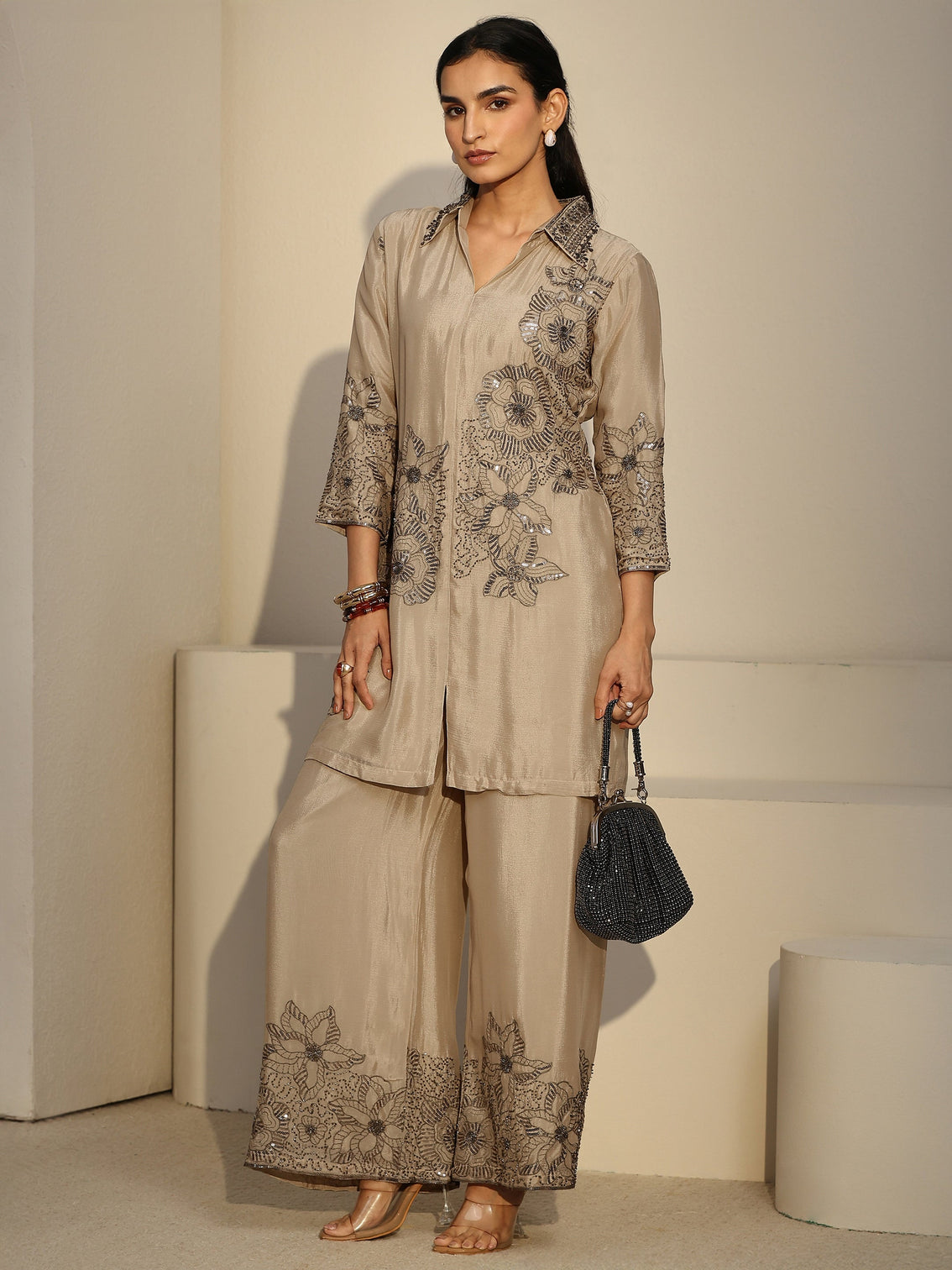 Mameraa Art Cream Floral Embellished Chinon Co-Ord Set - Mameraa