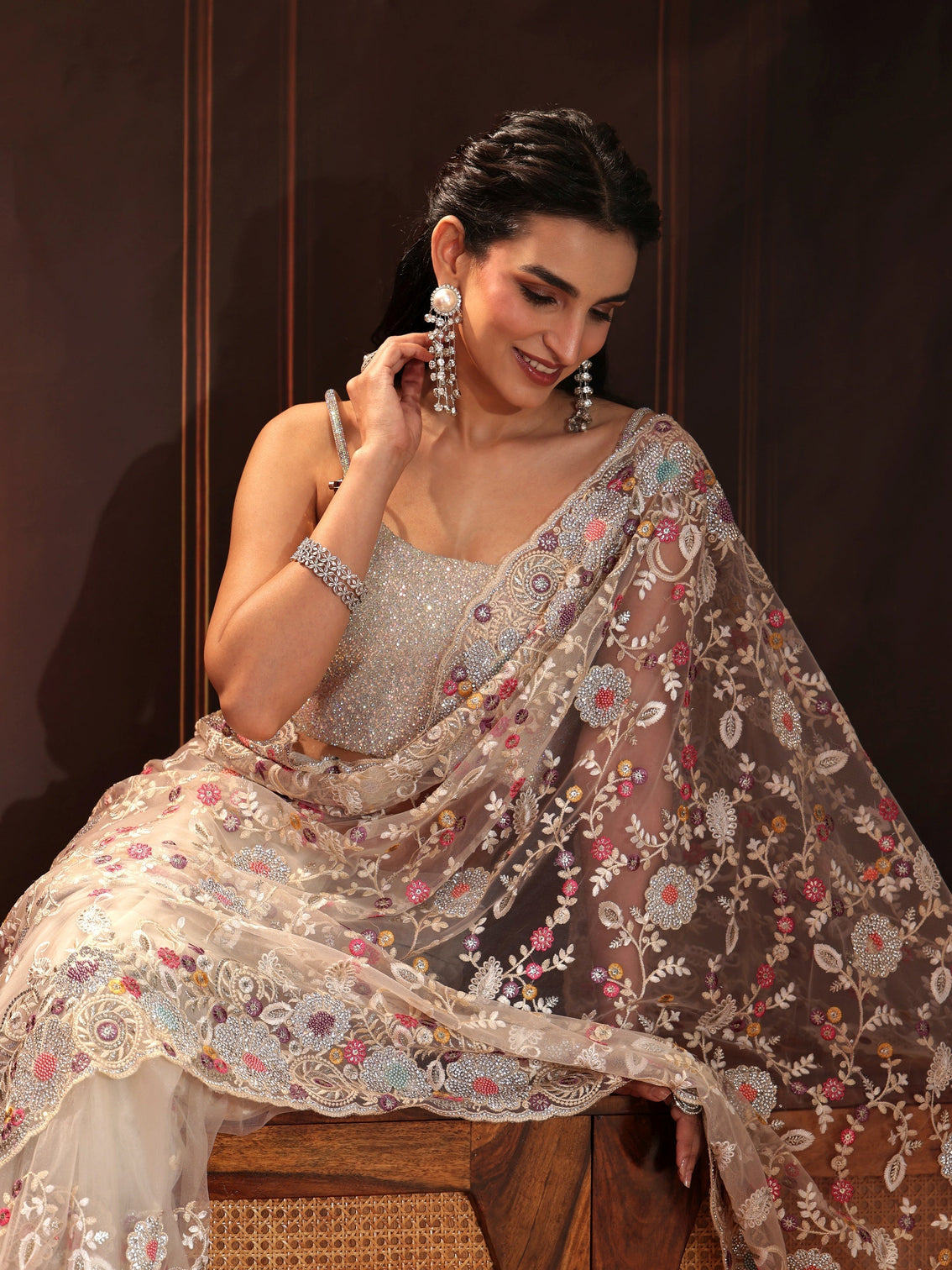 Mameraa Art Cream Floral Embroidered Net Saree