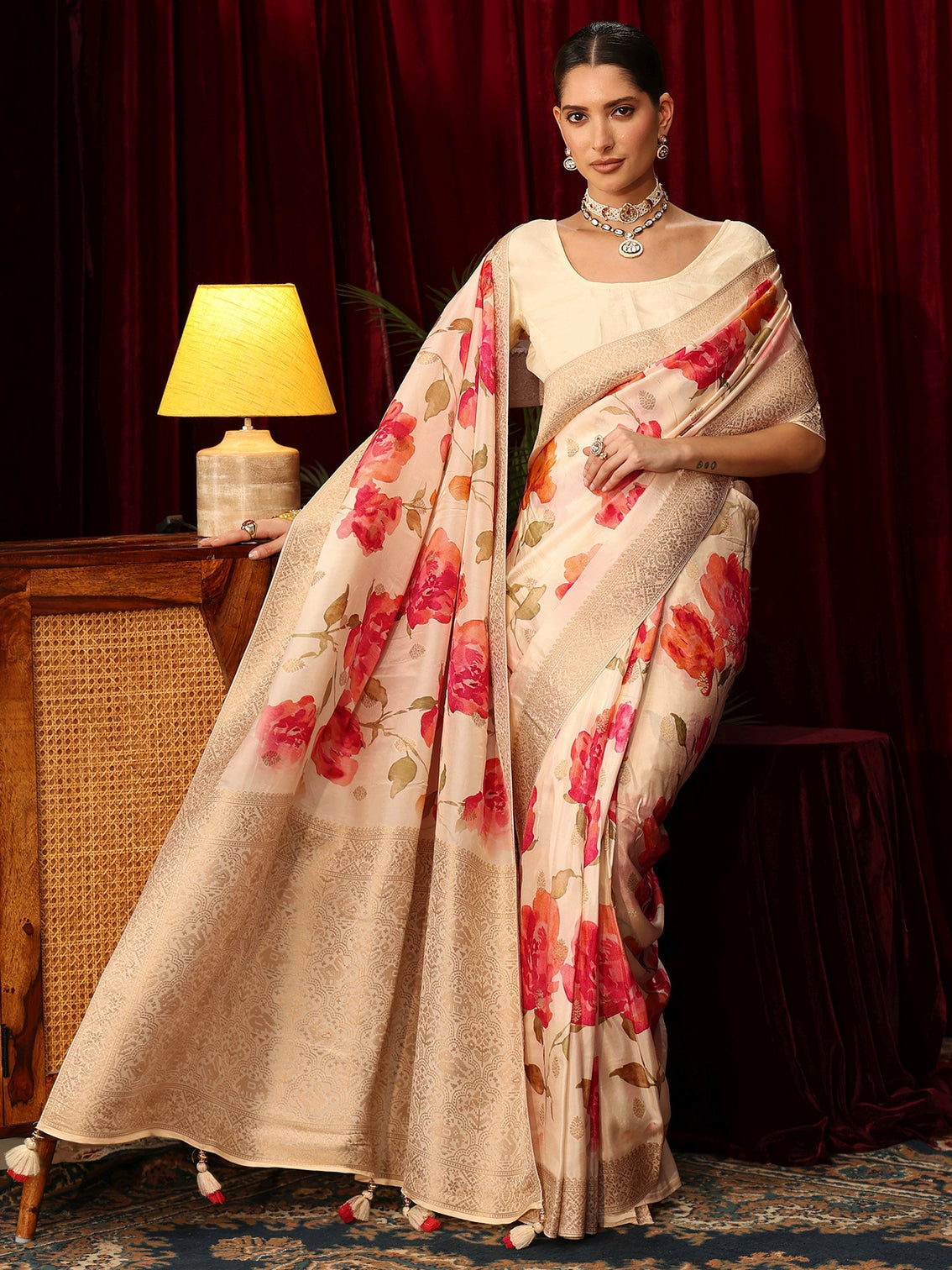 Mameraa Art Cream Floral Printed Silk Blend Saree with Woven Design Border