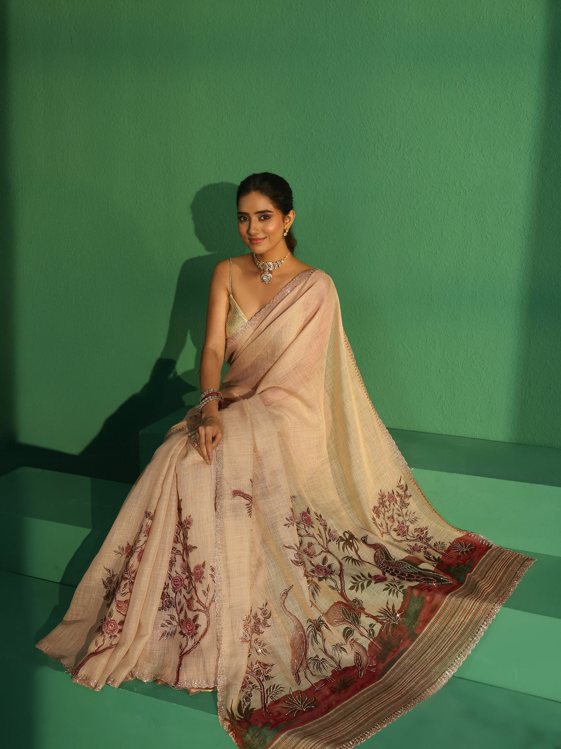 Mameraa Art Cream Printed Cotton Blend Saree with Embellished Border