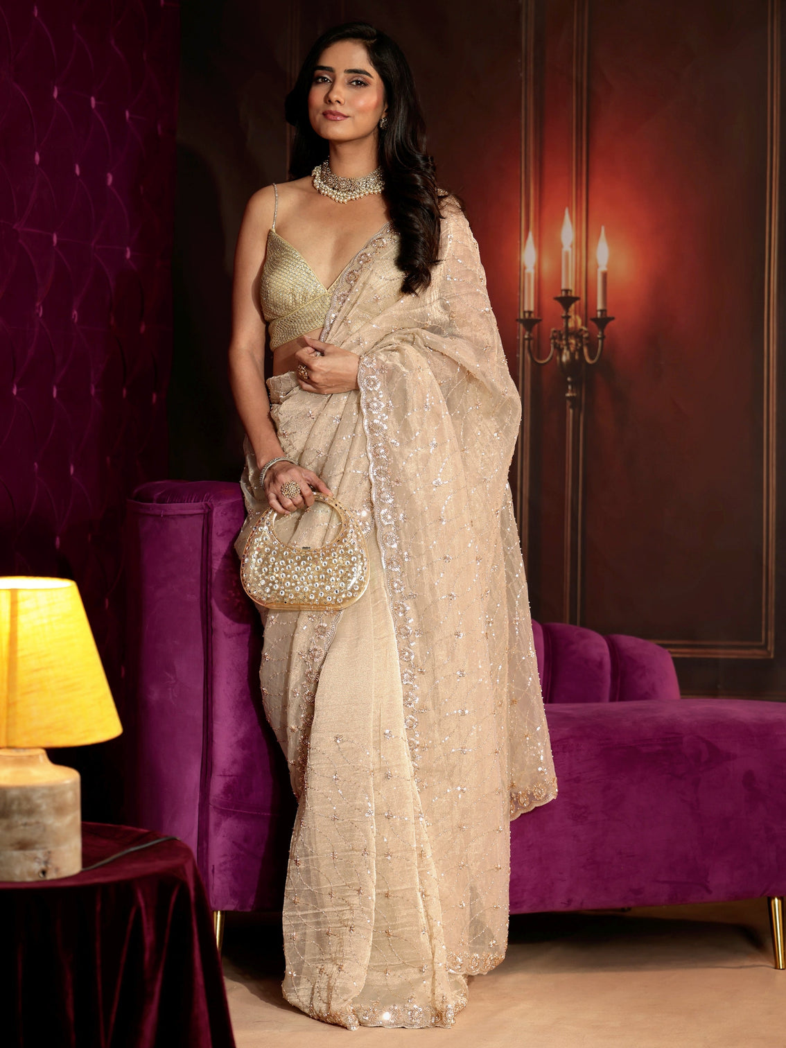 Mameraa Art Cream Sequin Embellished Net Saree