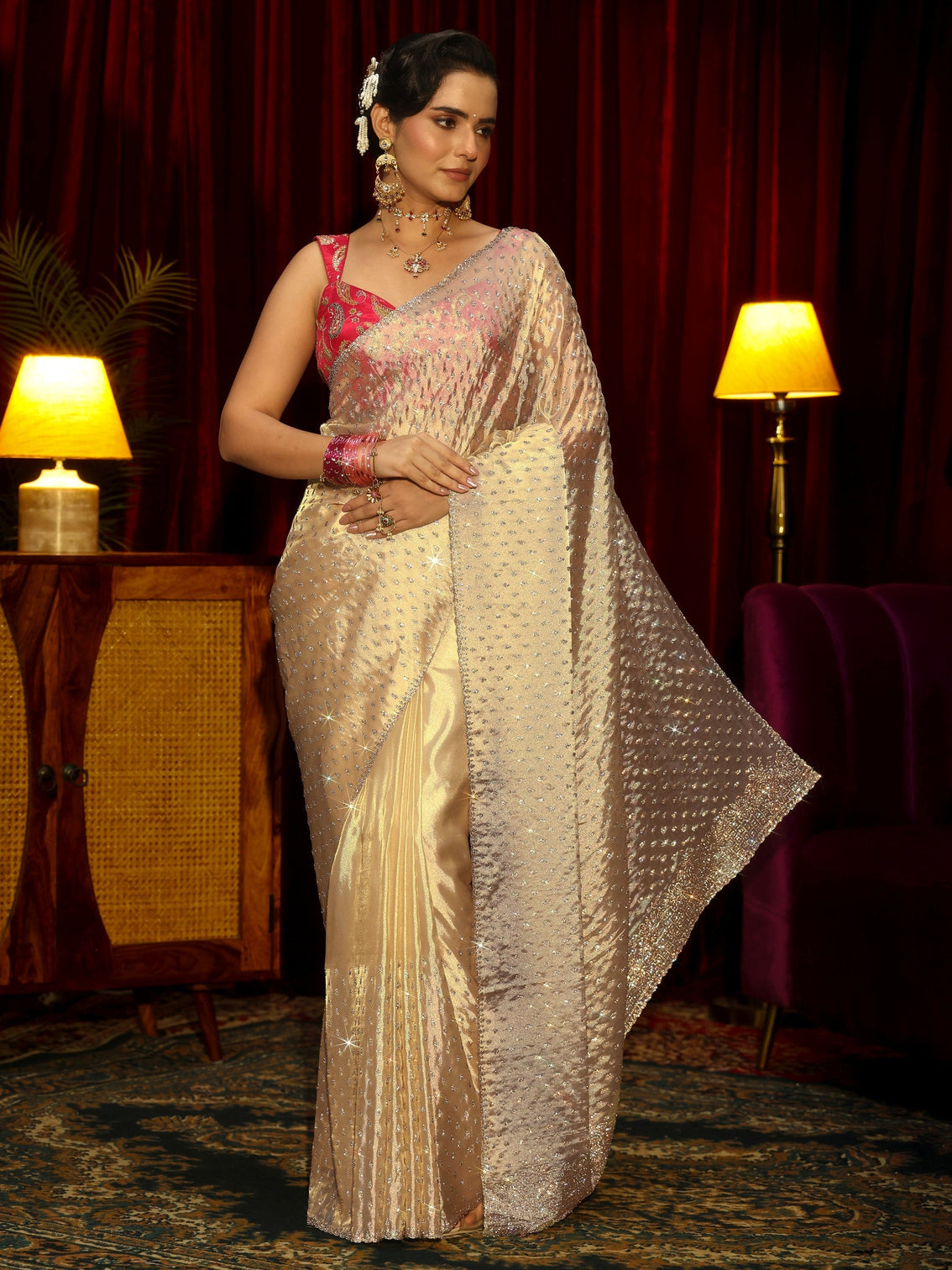 Mameraa Art Cream Stone Work Embellished Tissue Saree