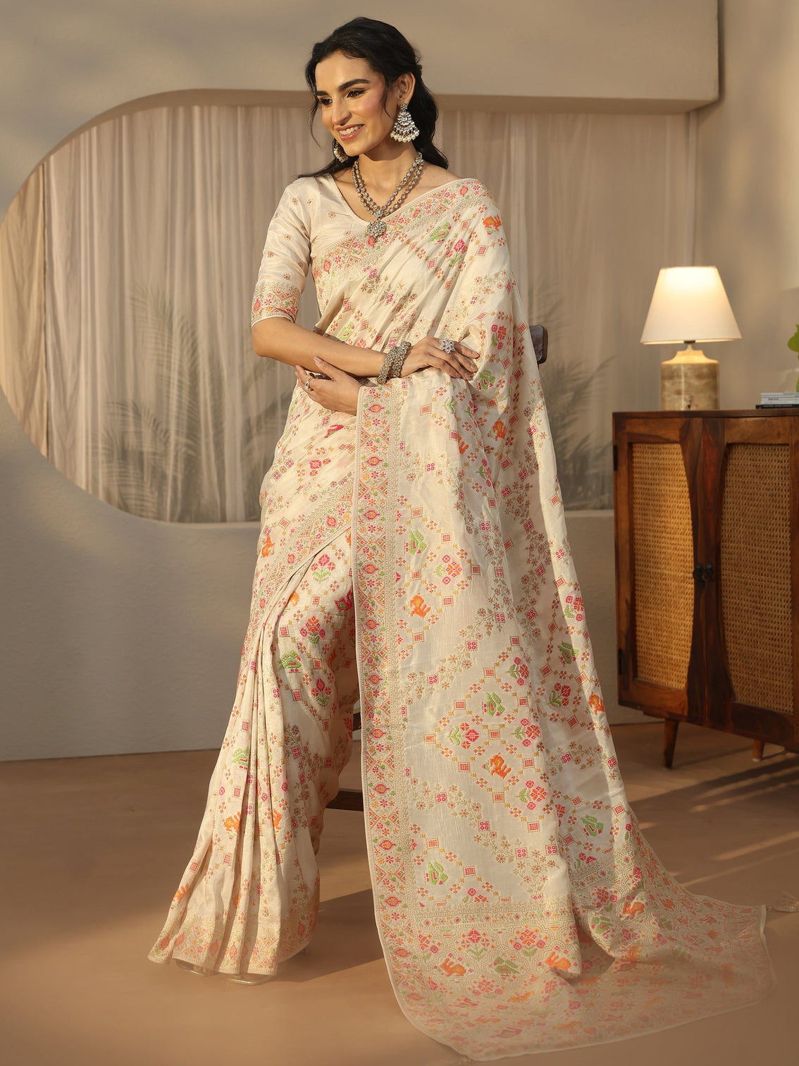 Mameraa Art Cream Woven Design Silk Blend Saree
