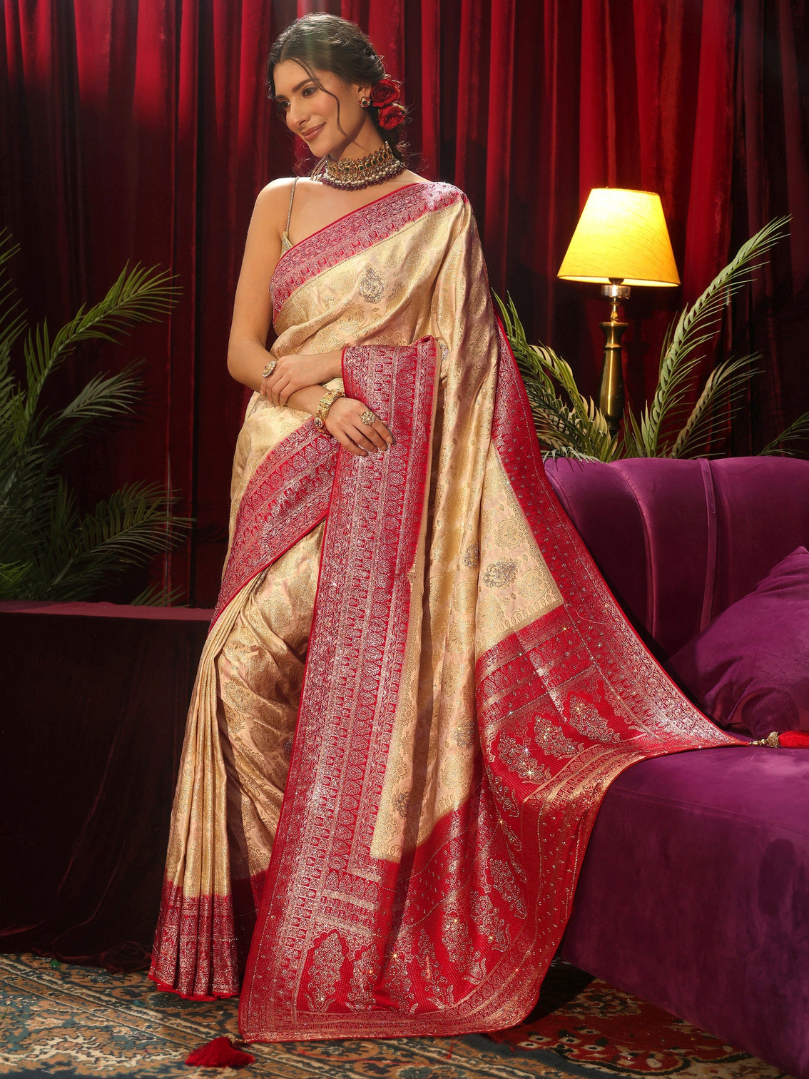 Mameraa Art Cream Woven Design Silk Blend Saree with Stone Work