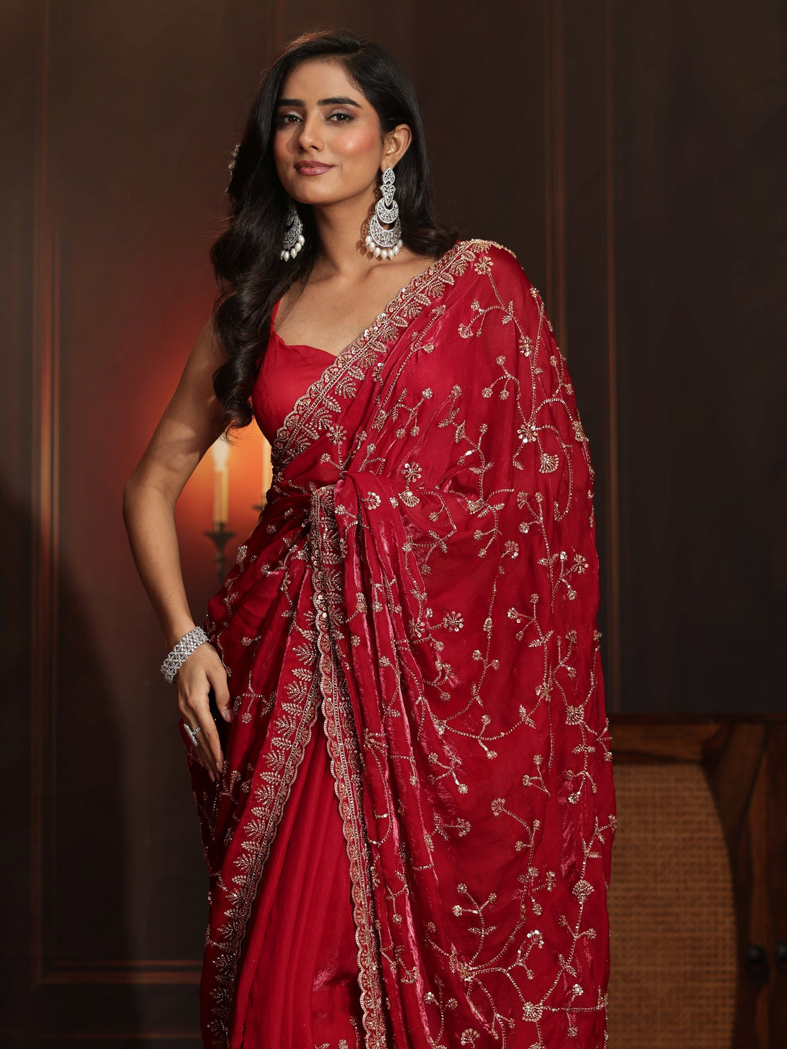 Mameraa Art Crimson Red Floral Embellished Tissue Saree