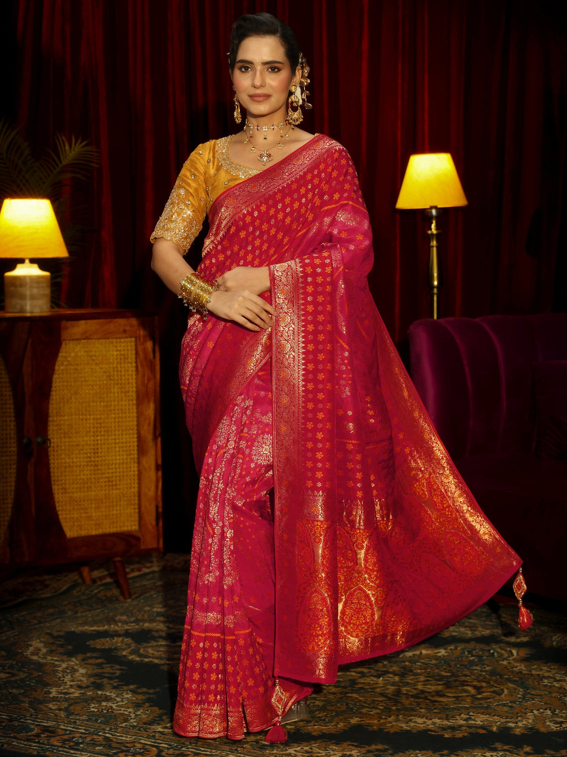 Mameraa Art Crimson Red Floral Woven Silk Blend Saree