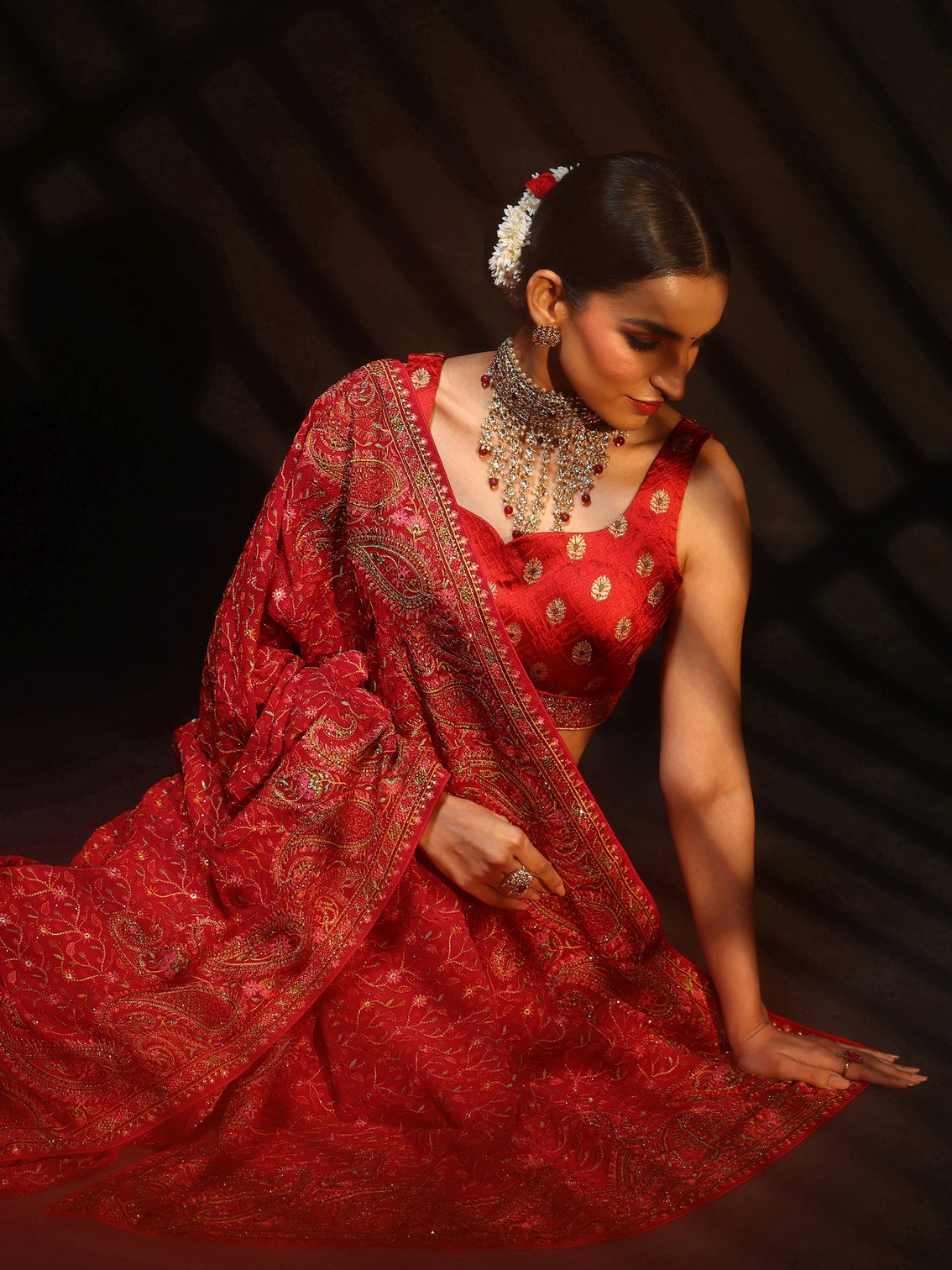 Mameraa Art Crimson Red Paisley Embroidered Georgette Saree