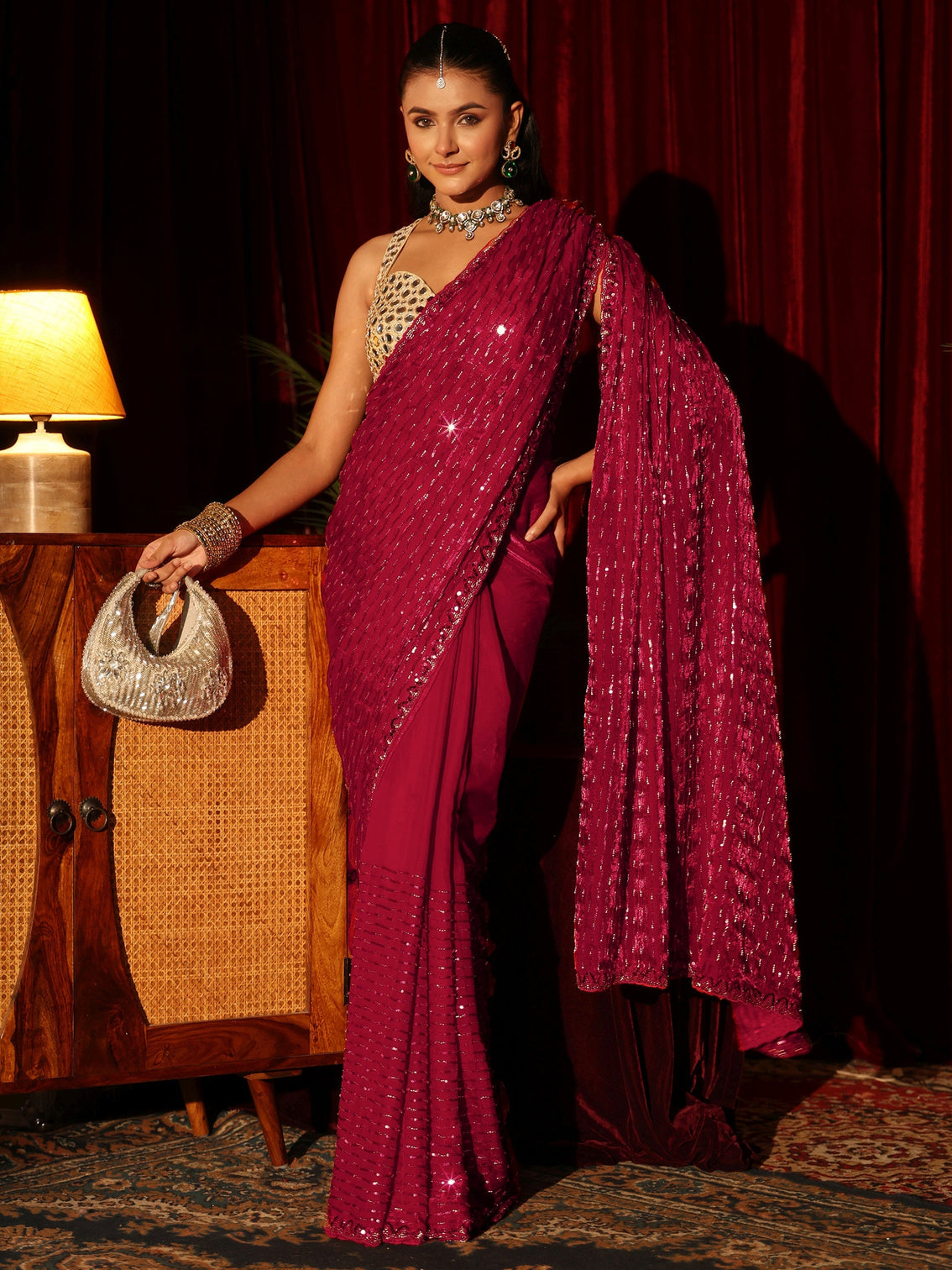 Mameraa Art Dark Pink Sequin Embellished Tissue Saree