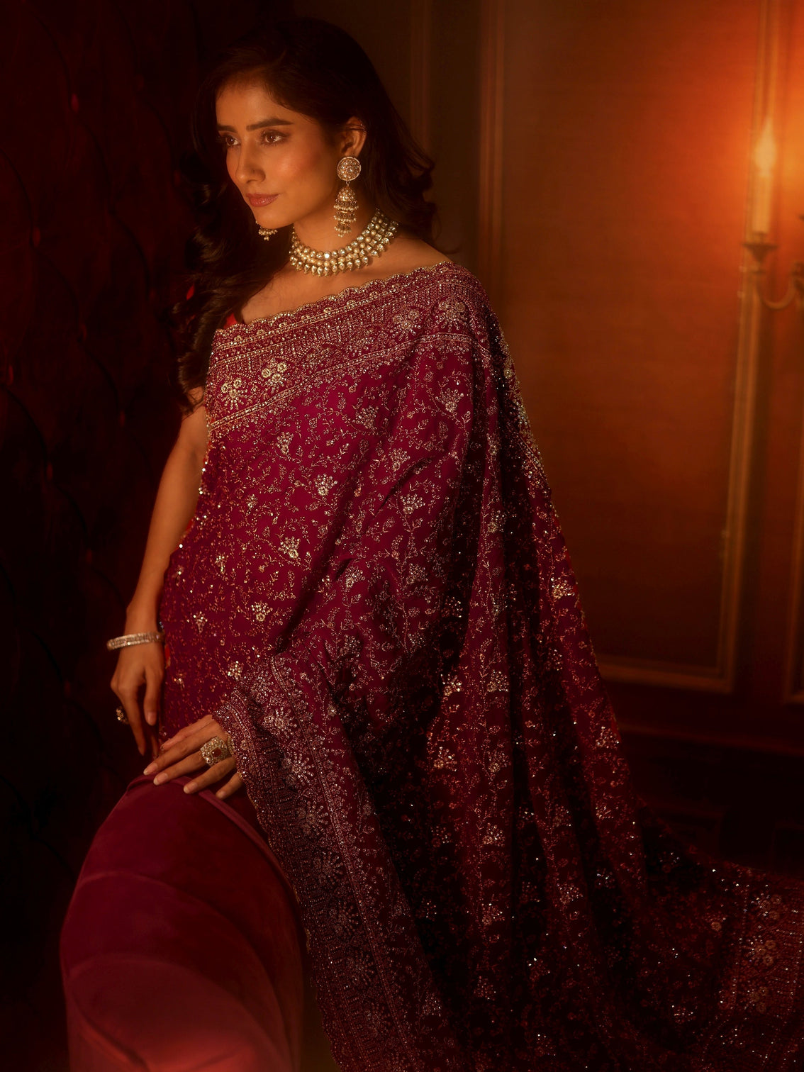 Mameraa Art Deep Maroon Red Embroidered Georgette Saree