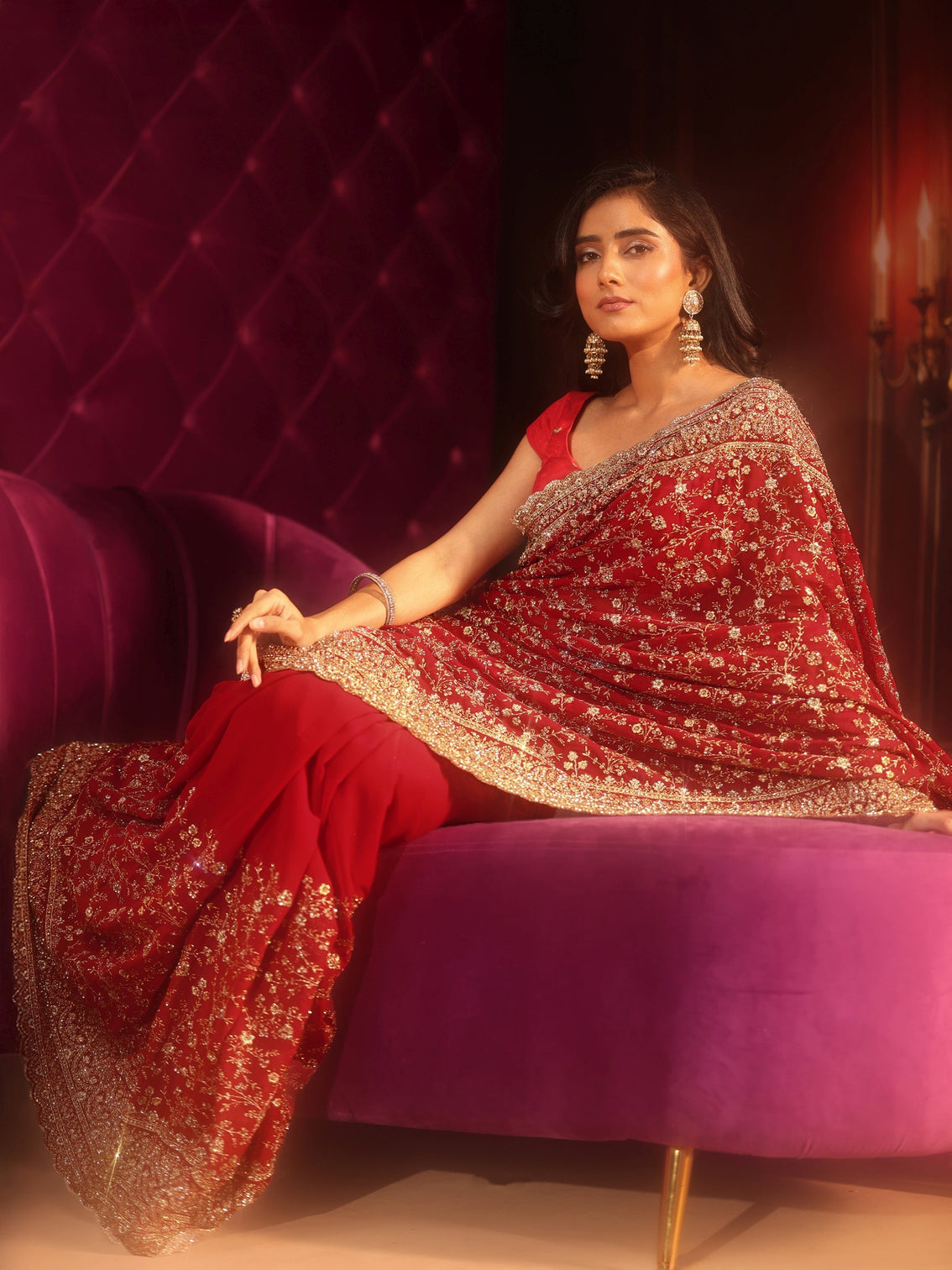 Mameraa Art Deep Maroon Red Embroidered Georgette Saree
