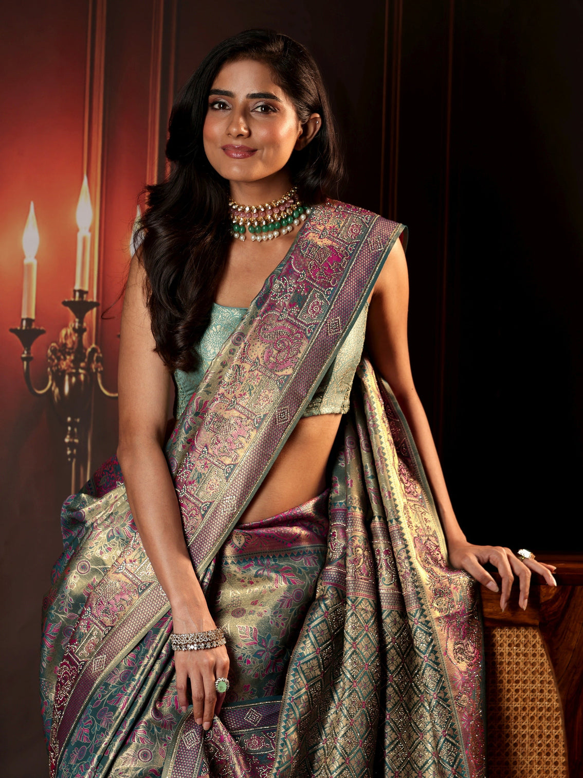 Mameraa Art Deep Sage Green Floral Woven Design Silk Blend Saree