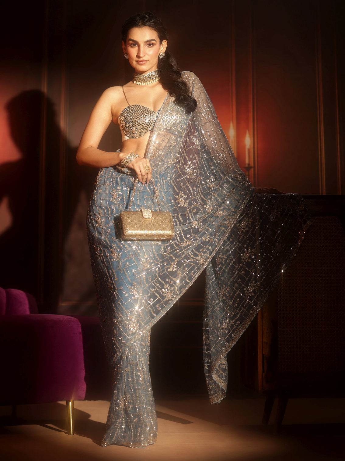 Mameraa Art Dusty Blue Embellished Net Saree