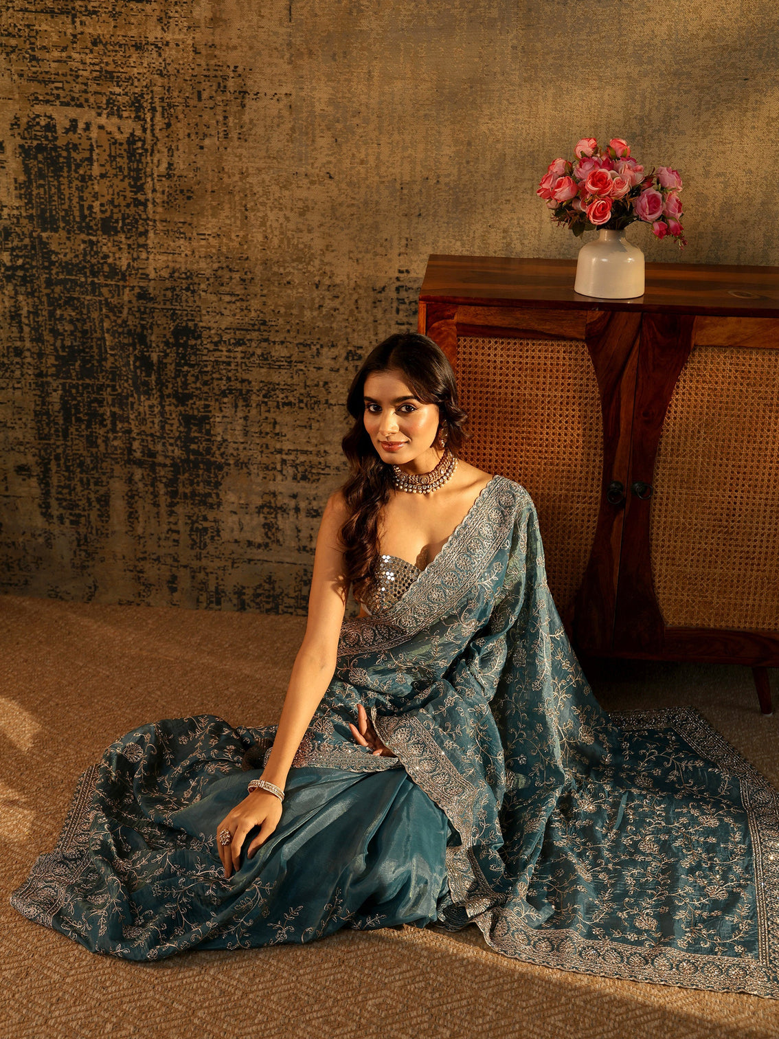 Mameraa Art Dusty Blue Floral Embroidered Satin Saree