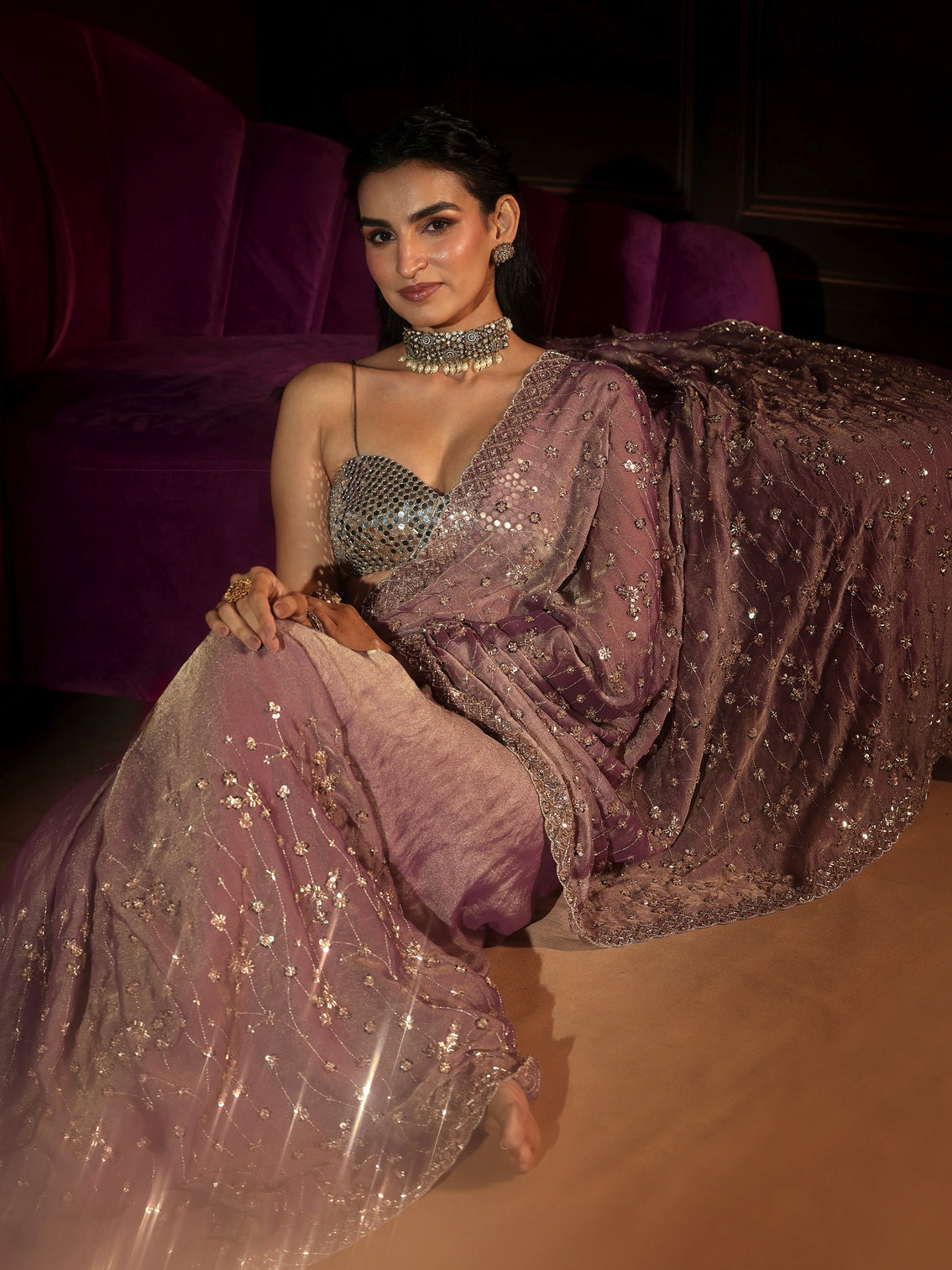 Mameraa Art Dusty Lavender Embellished Tissue Saree