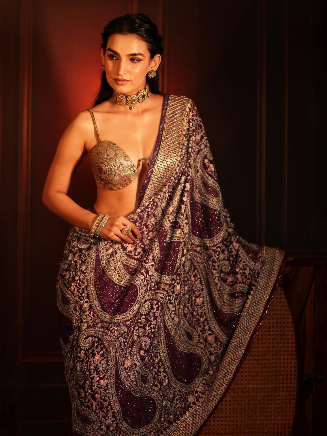 Mameraa Art Dusty Maroon Paisley Embroidered Georgette Saree