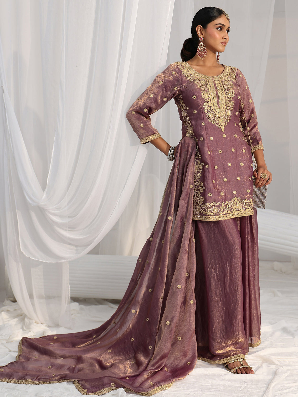 Mameraa Art Dusty Mauve Mirror Work Embroidered Palazzo Suit Set
