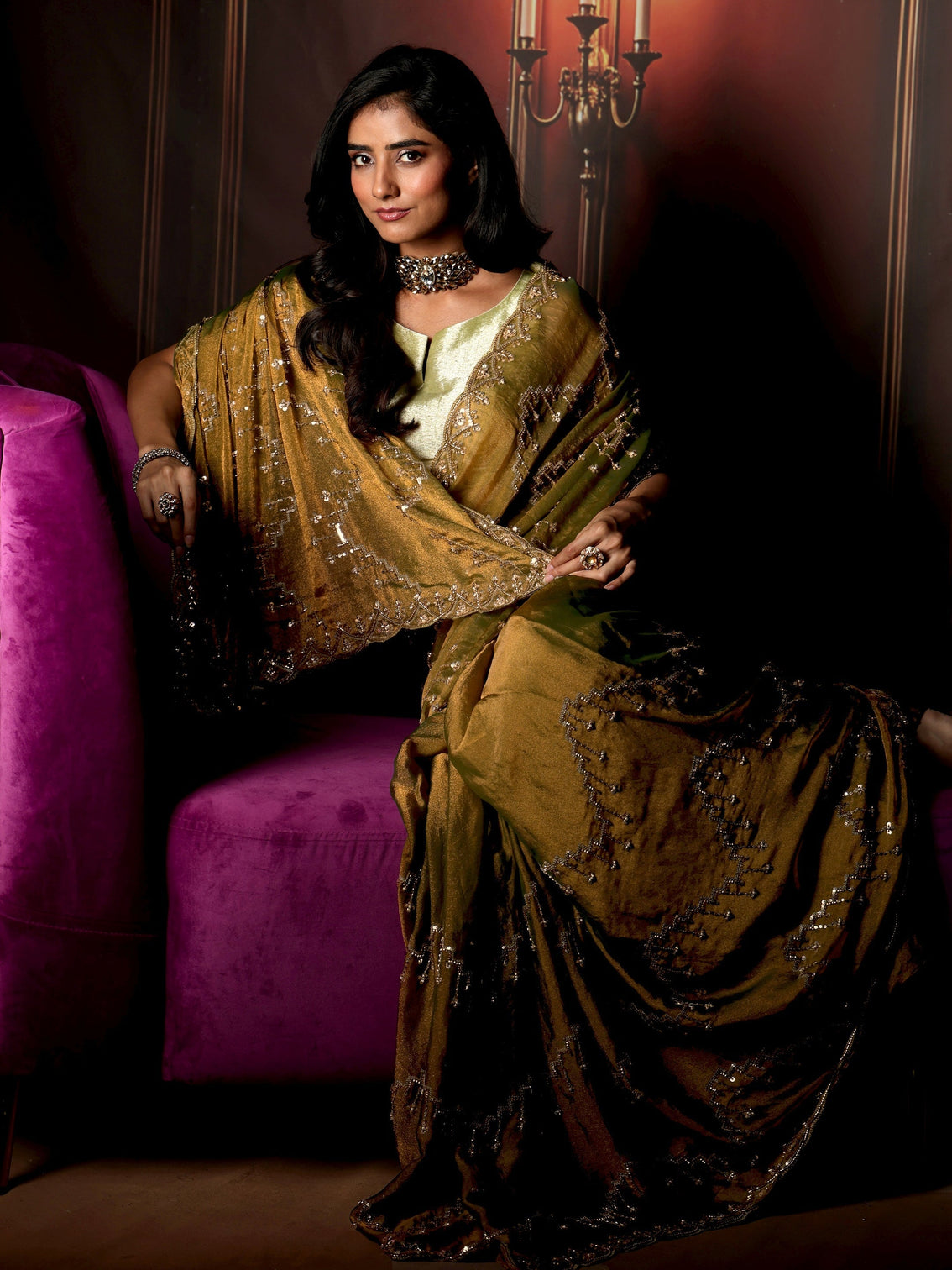 Mameraa Art Dusty Olive Green Embellished Tissue Saree