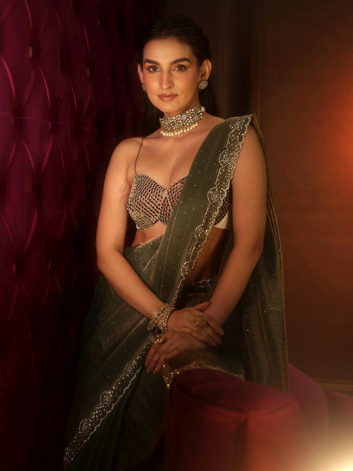 Mameraa Art Dusty Olive Green Embellished Tissue Saree