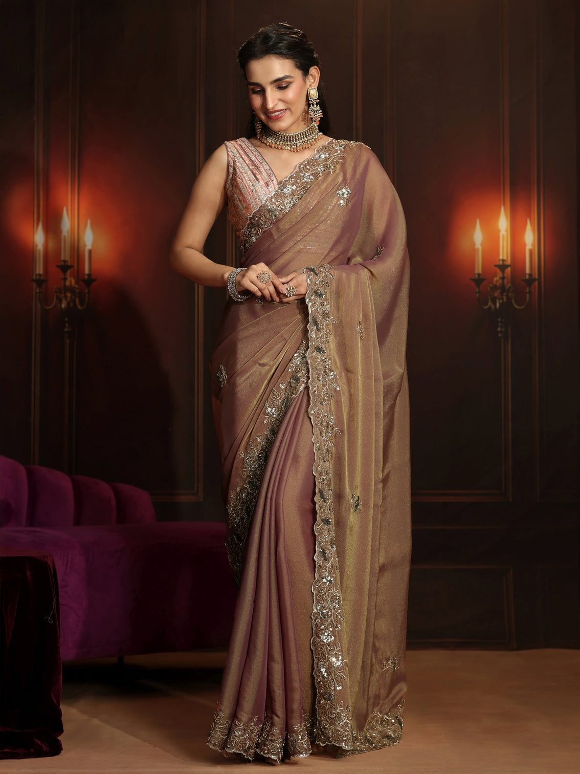 Mameraa Art Dusty Peach Pink Embellished Organza Saree
