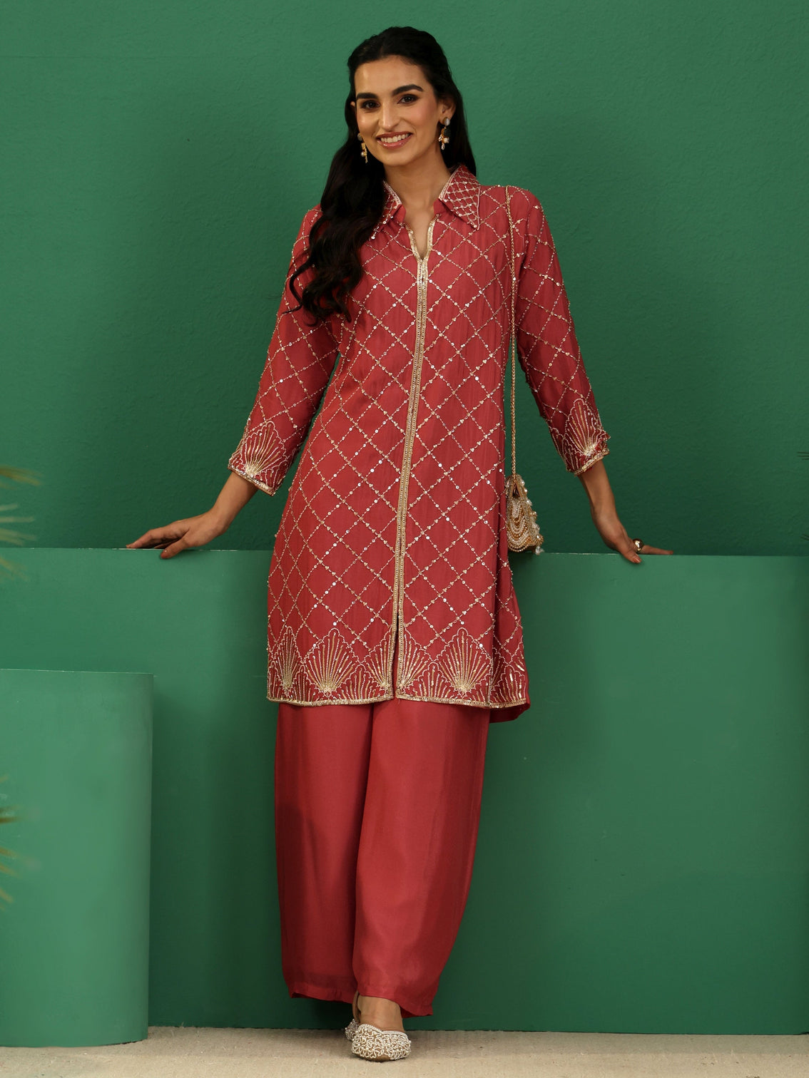 Mameraa Art Dusty Rose Pink Embellished Chinon Co-Ord Set