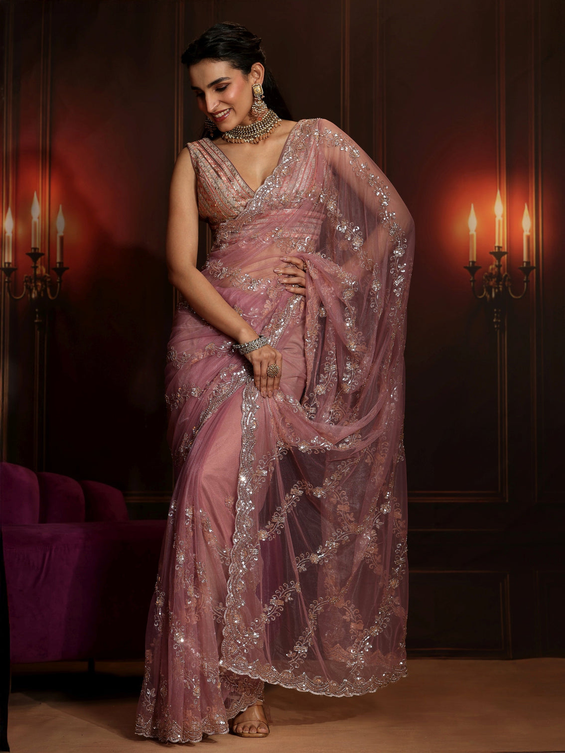 Mameraa Art Dusty Rose Pink Embellished Net Saree