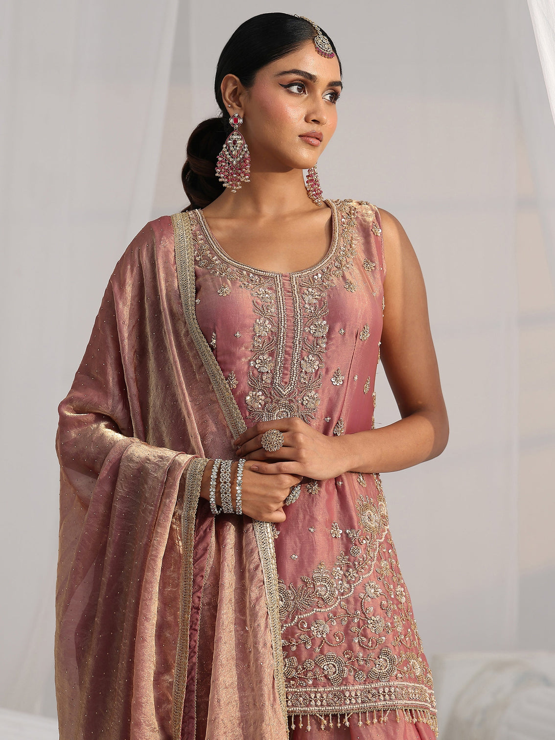 Mameraa Art Dusty Rose Pink Embellished Sleeveless Silk Blend Palazzo Suit Set