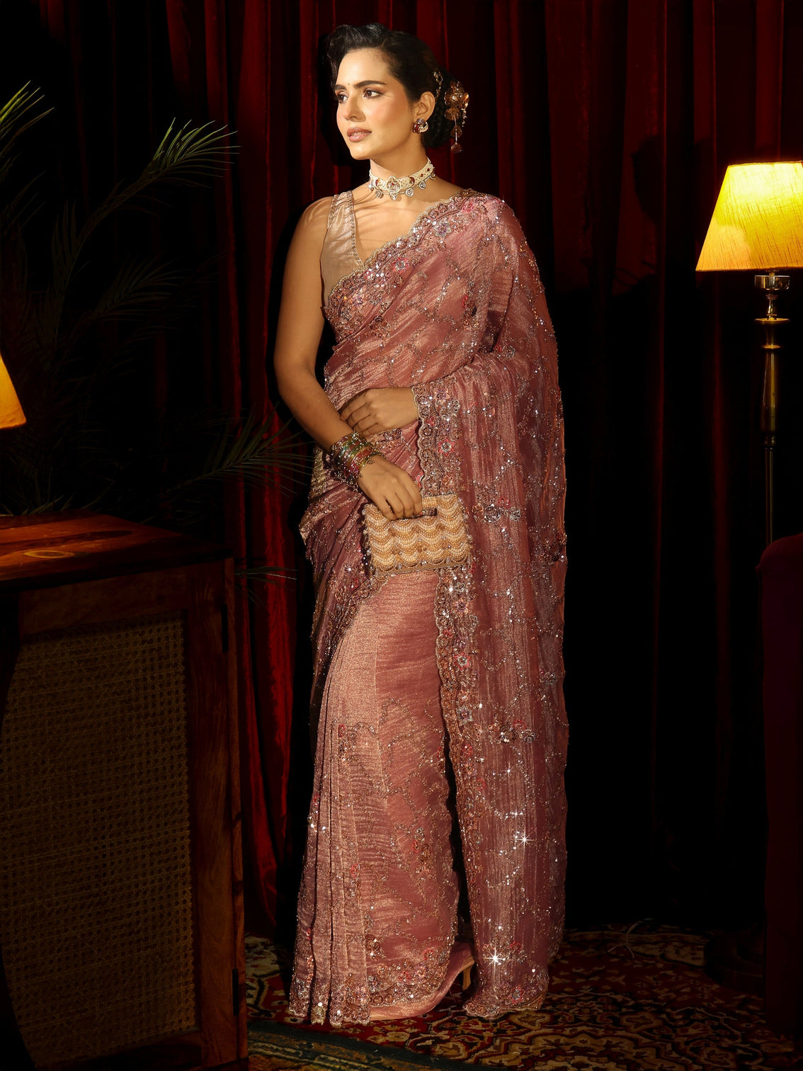 Mameraa Art Dusty Rose Pink Embellished Tissue Saree