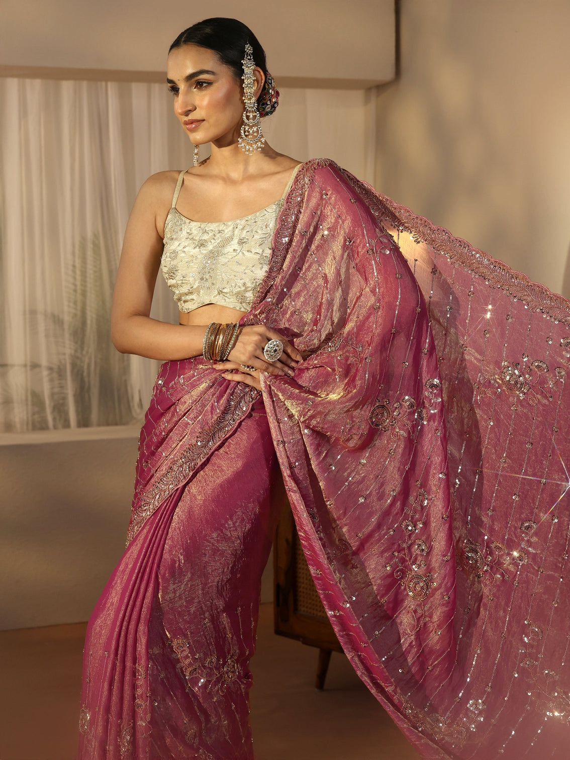 Mameraa Art Dusty Rose Pink Embellished Tissue Saree