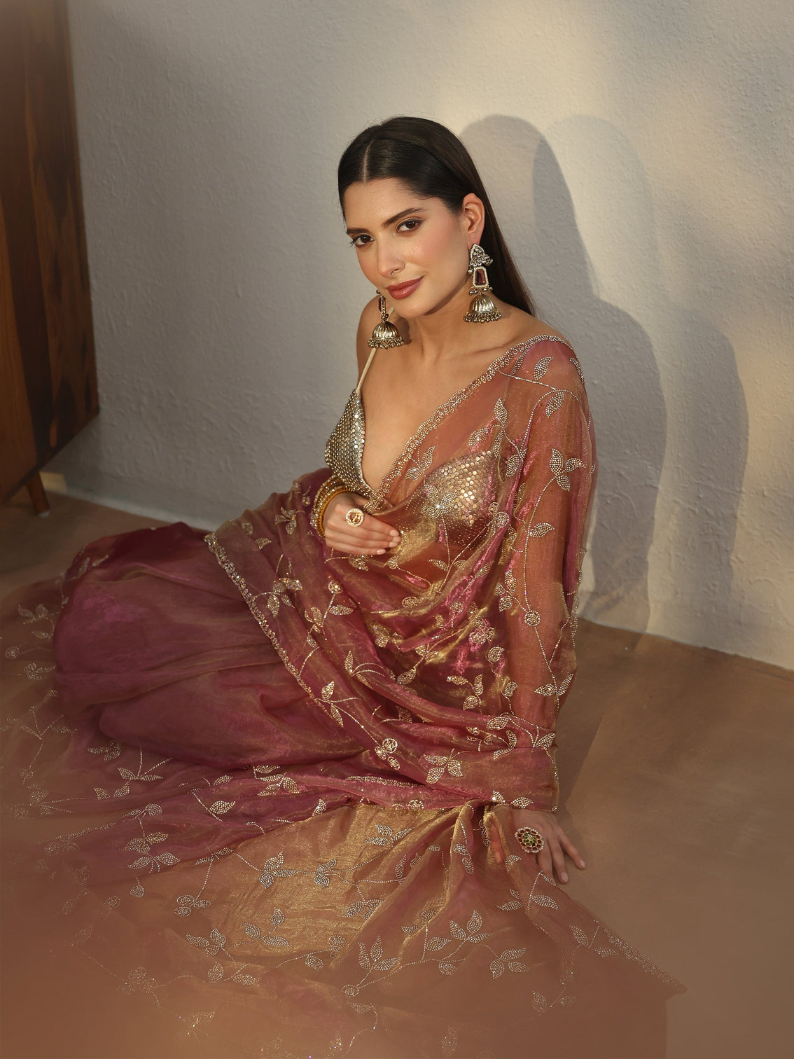 Mameraa Art Dusty Rose Pink Floral Embellished Tissue Saree