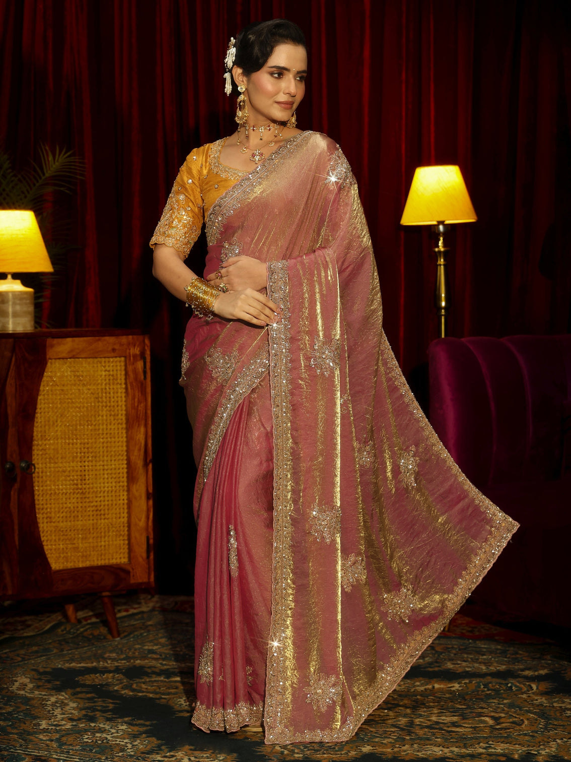 Mameraa Art Dusty Rose Pink Floral Embellished Tissue Saree