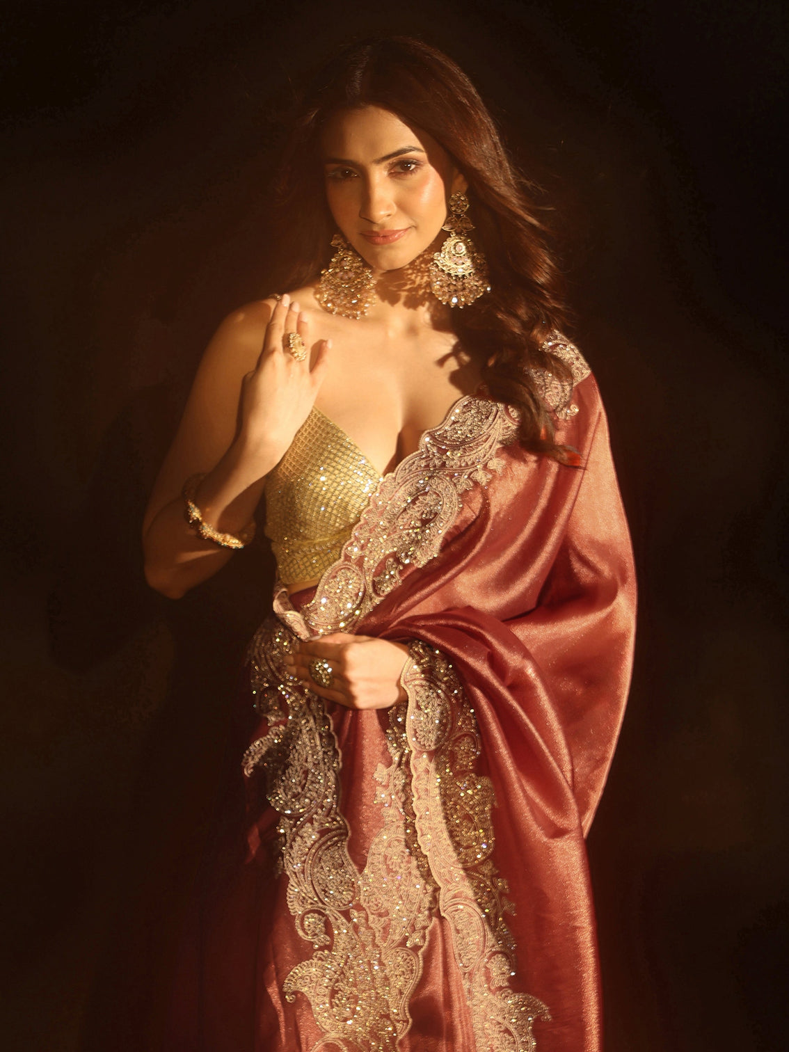 Mameraa Art Dusty Rose Pink Net Saree with Paisley Border