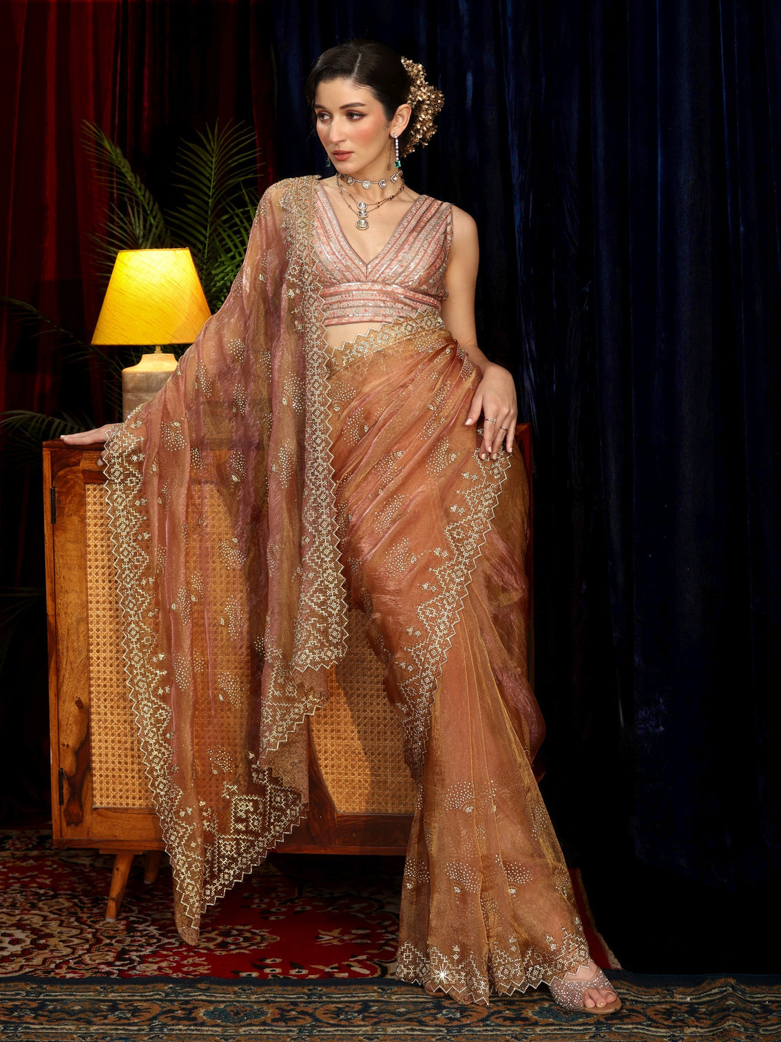 Mameraa Art Dusty Rose Pink Stone Work Embellished Tissue Saree