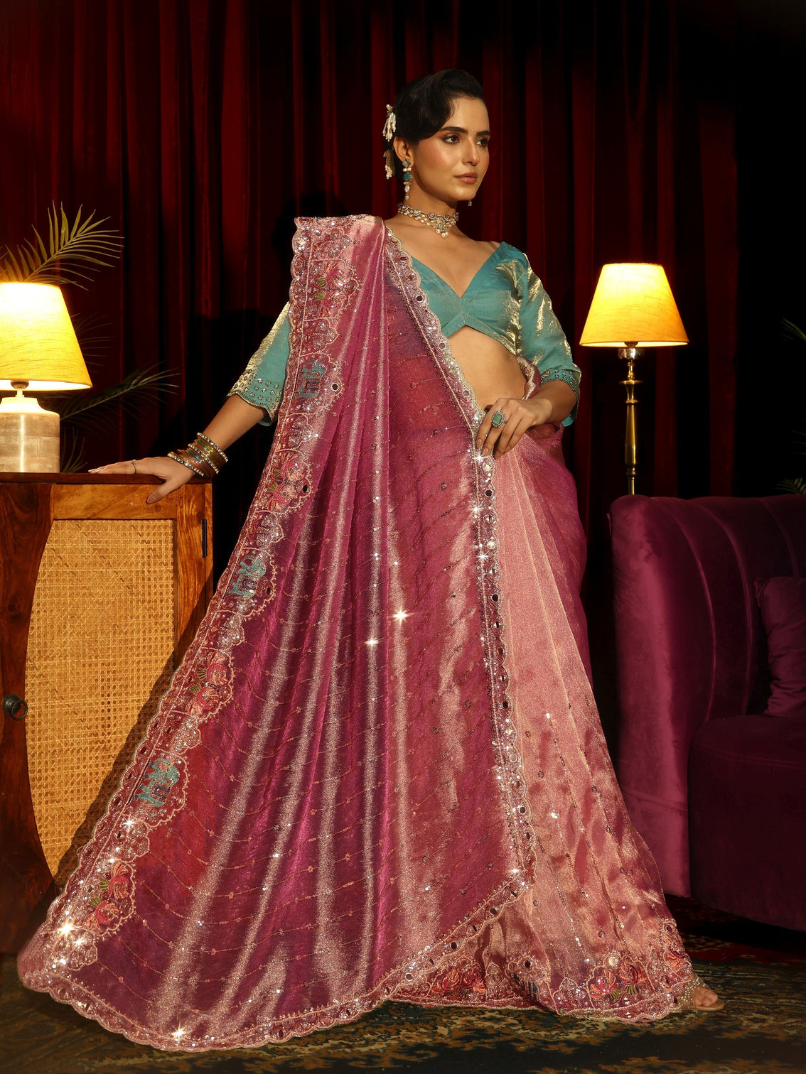 Mameraa Art Dusty Rose Sequin Embellished Tissue Saree