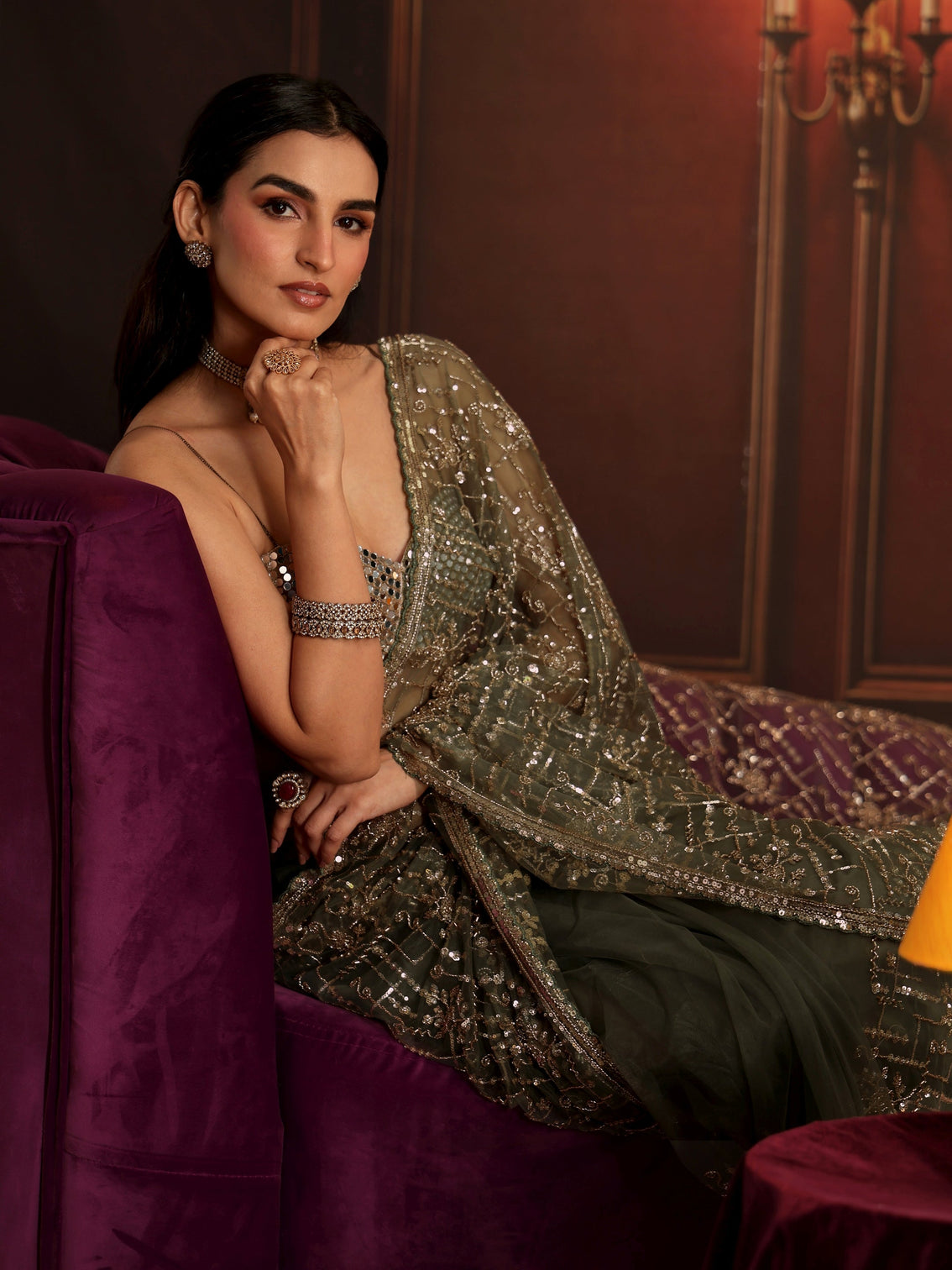 Mameraa Art Dusty Sage Green Embellished Net Saree