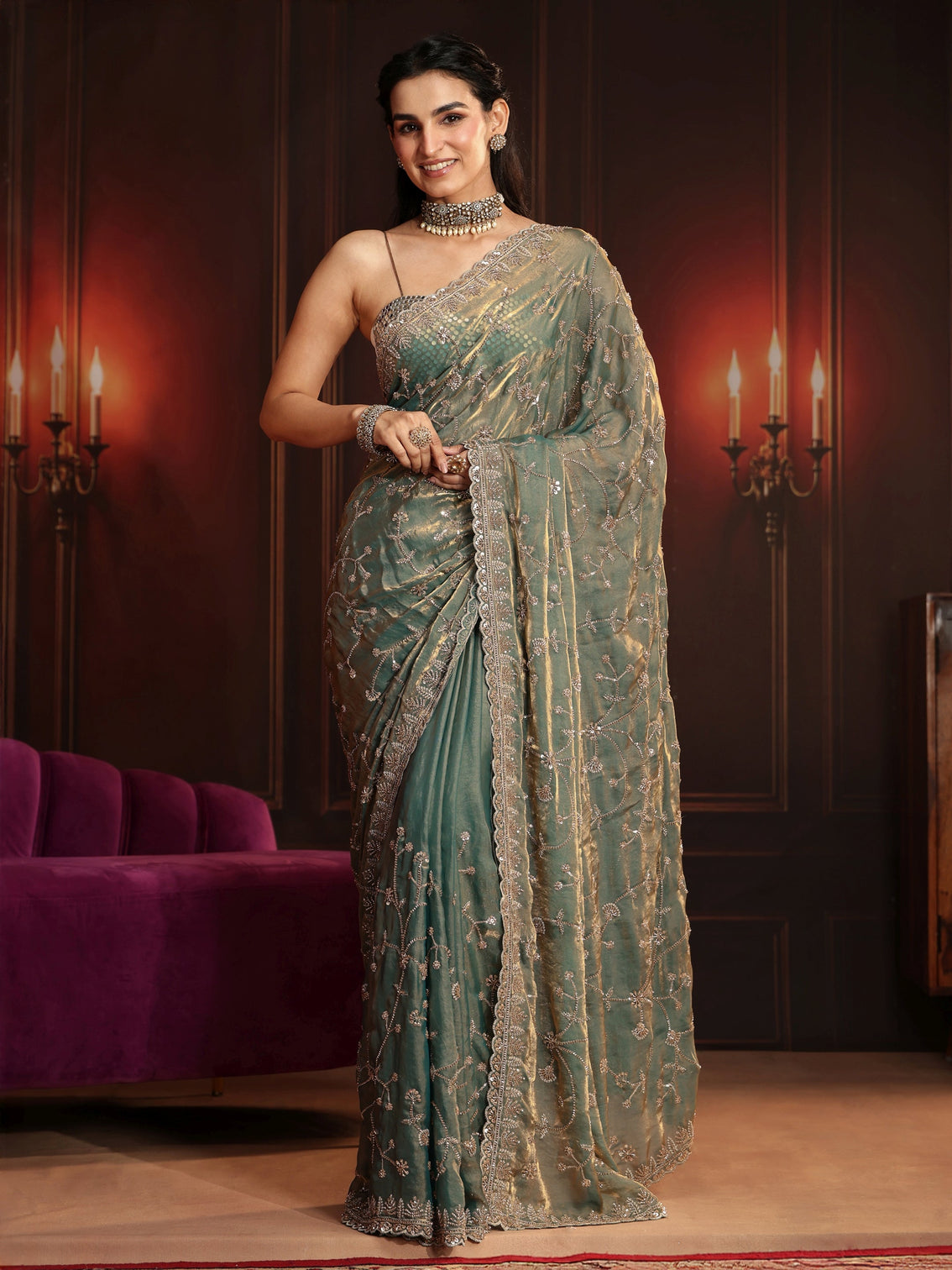 Mameraa Art Dusty Sea Green Floral Embellished Tissue Saree