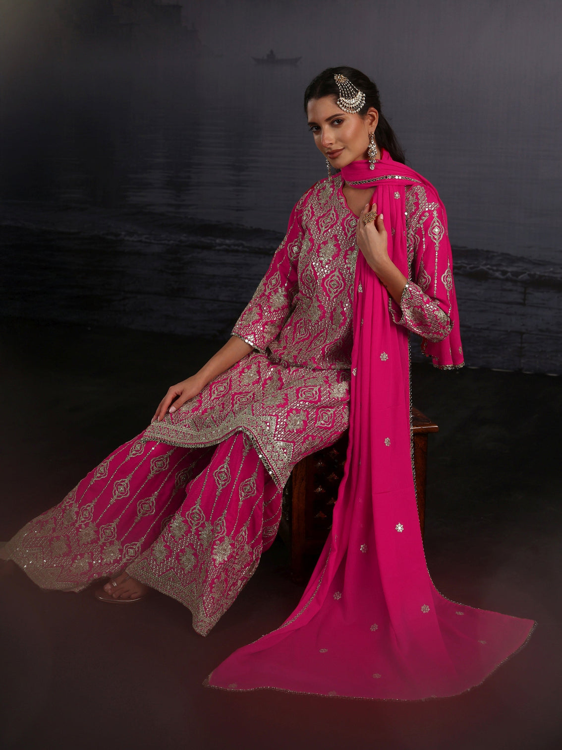 Mameraa Art Fuchsia Pink Dabka Work Chinon Palazzo Suit Set