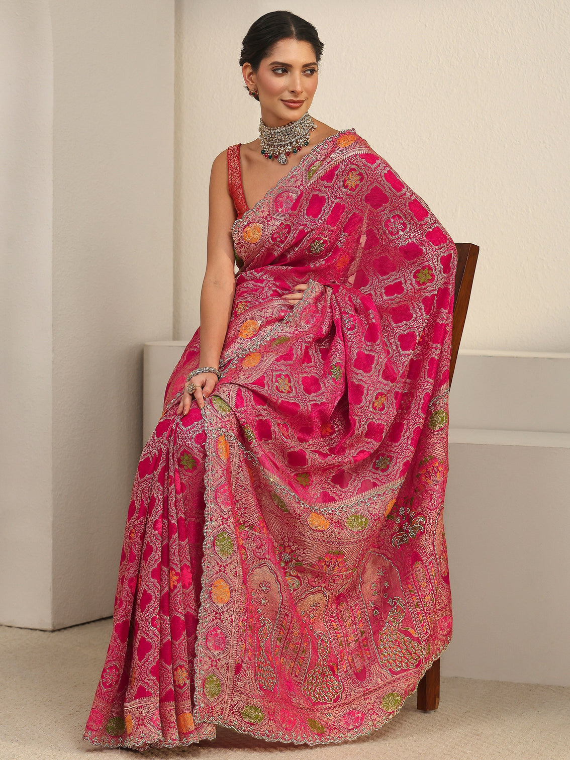Mameraa Art Fuchsia Pink Embellished Chiffon Saree