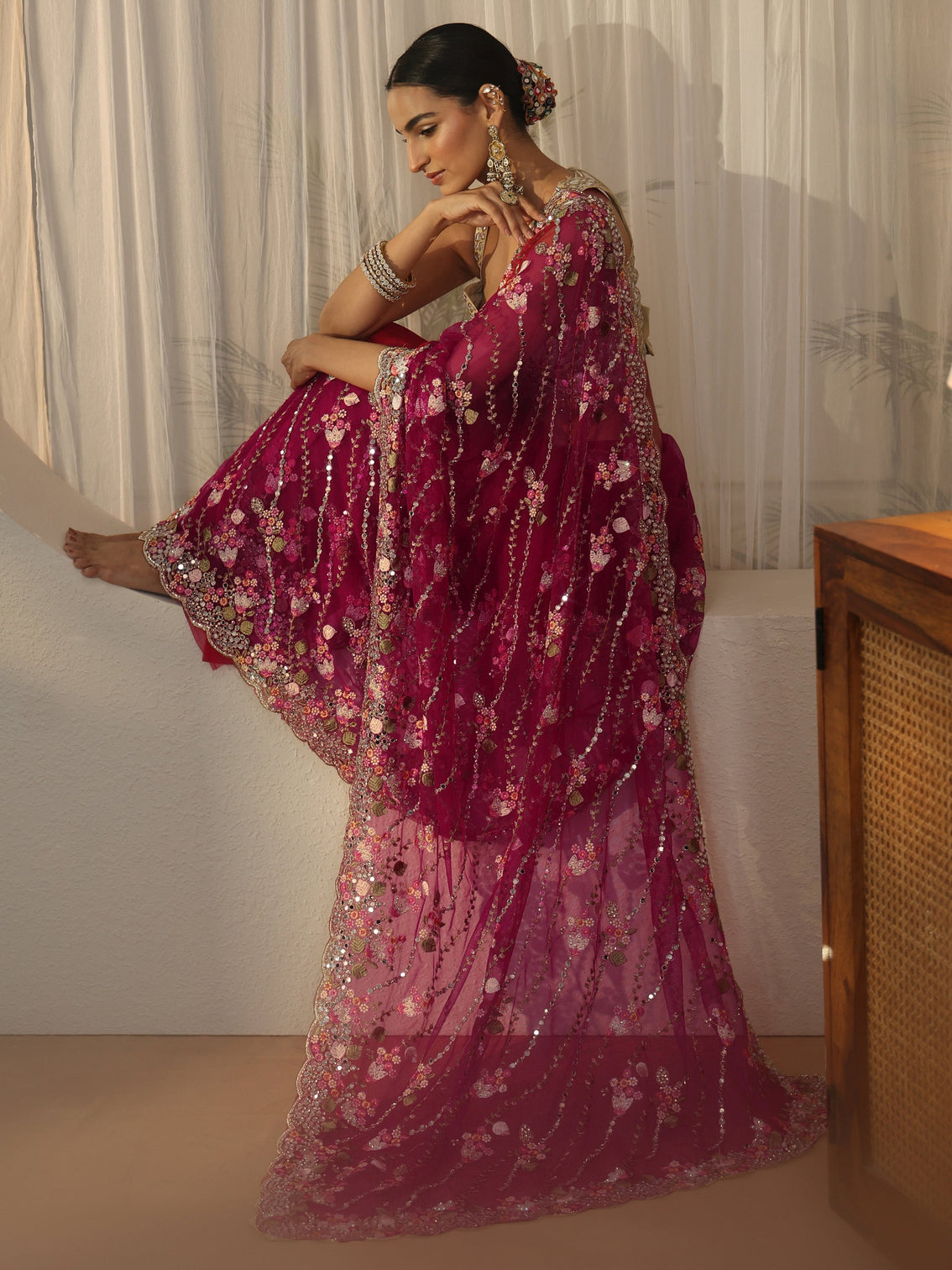 Mameraa Art Fuchsia Pink Floral Embellished Net Saree
