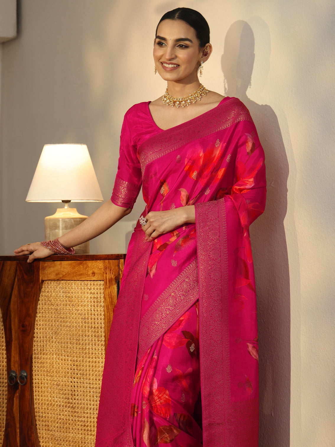 Mameraa Art Fuchsia Pink Floral Printed Silk Blend Saree