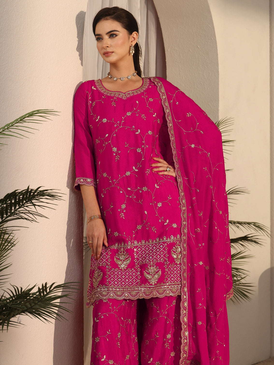 Mameraa Art Fuchsia Pink Floral Zari Embroidered Chinon Palazzo Suit Set