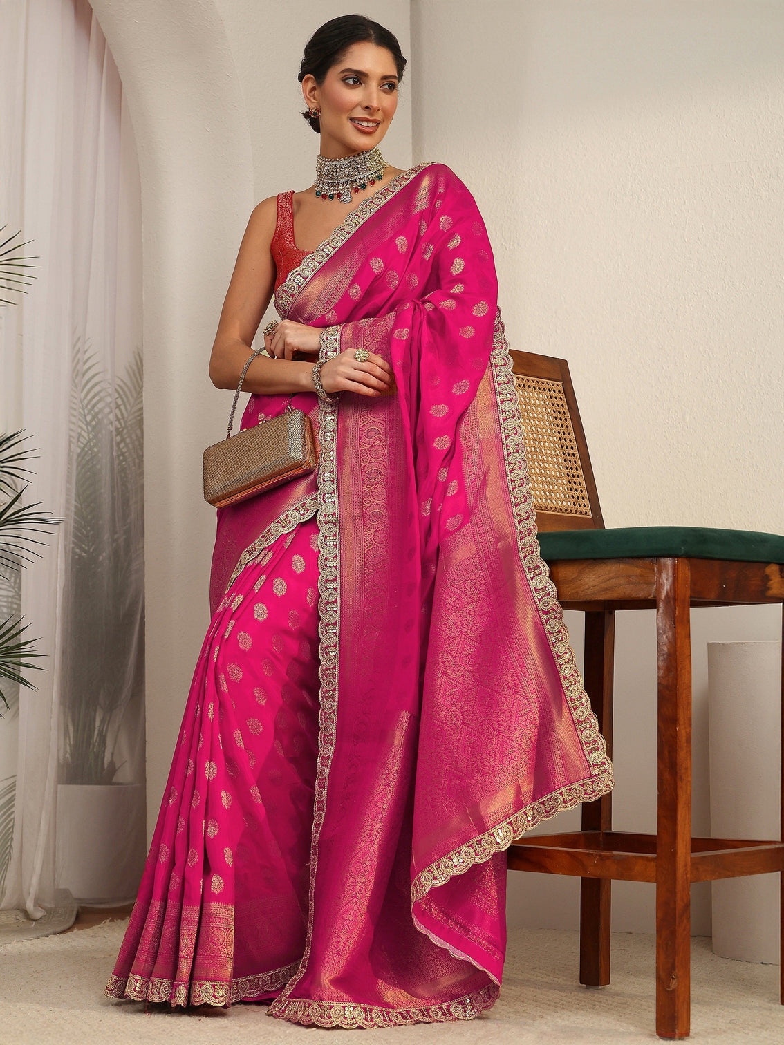 Mameraa Art Fuchsia Pink Woven Design Silk Blend Saree