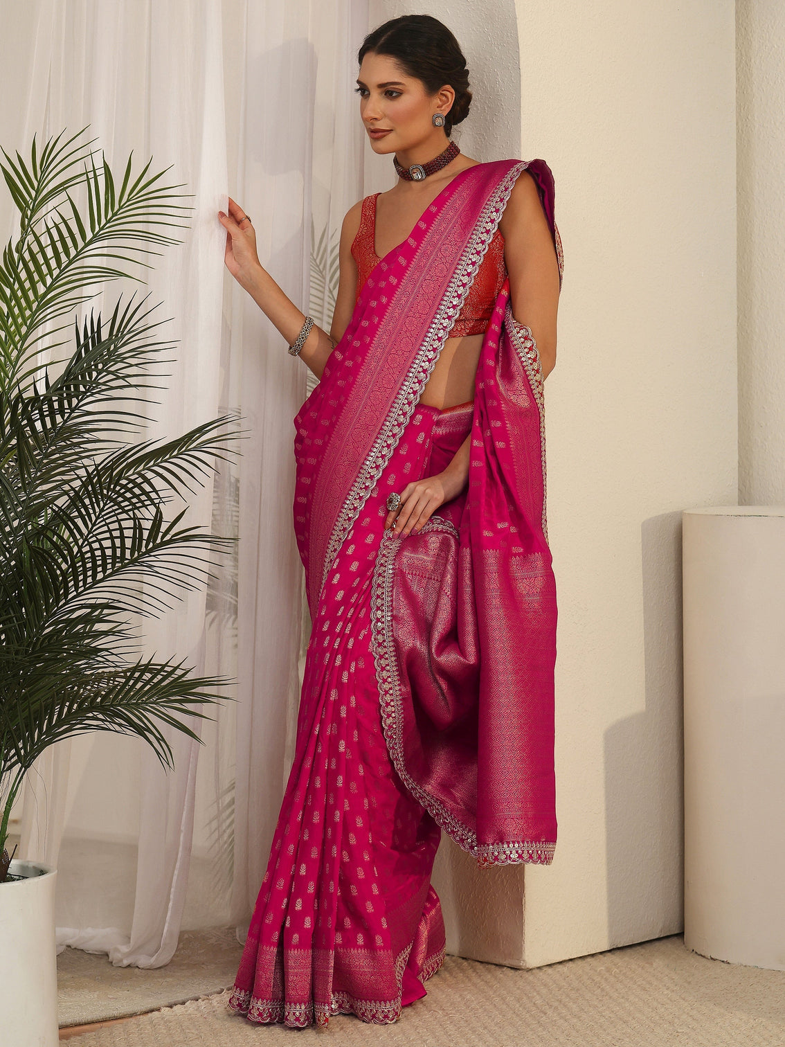 Mameraa Art Fuchsia Pink Woven Design Silk Blend Saree