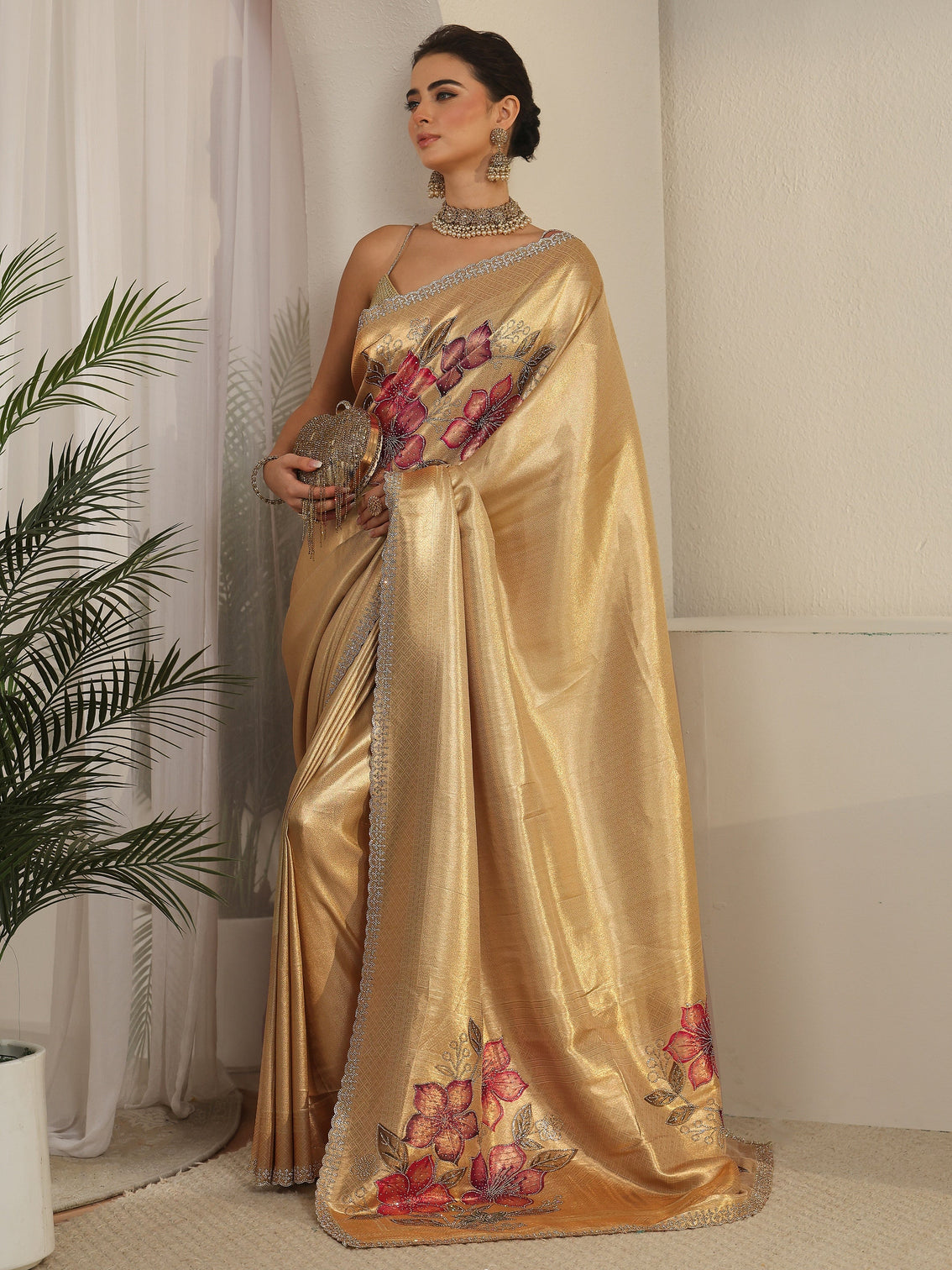 Mameraa Art Gold Floral Embellished Silk Blend Saree