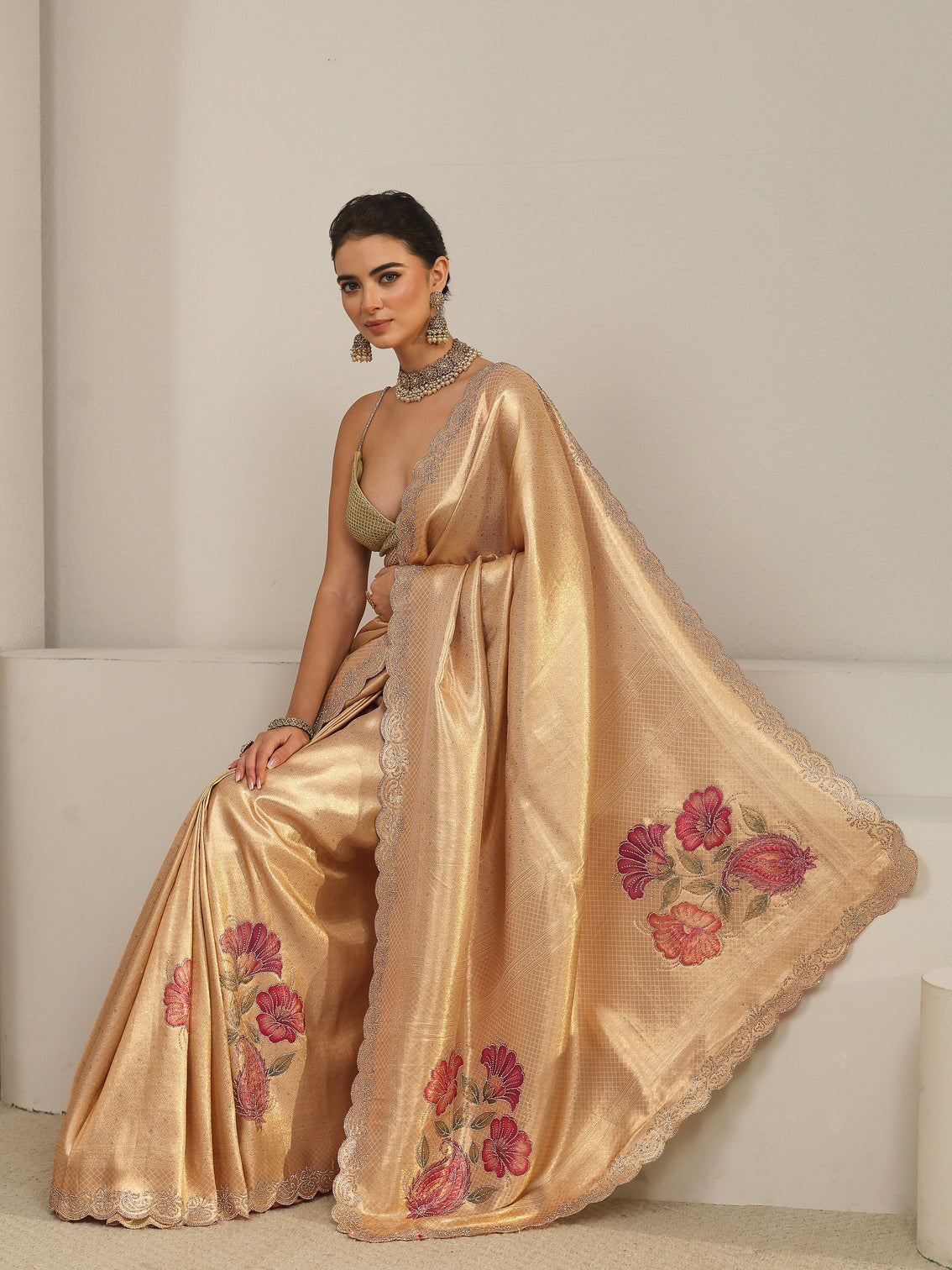 Mameraa Art Gold Floral Embellished Silk Blend Saree