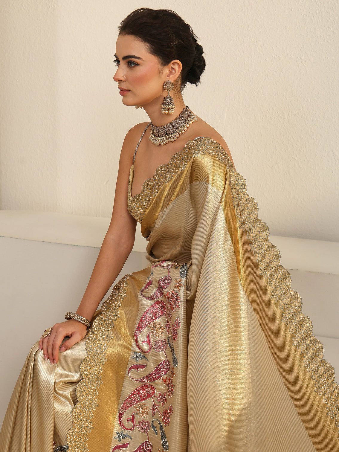Mameraa Art Gold Paisley Embellished Silk Blend Saree